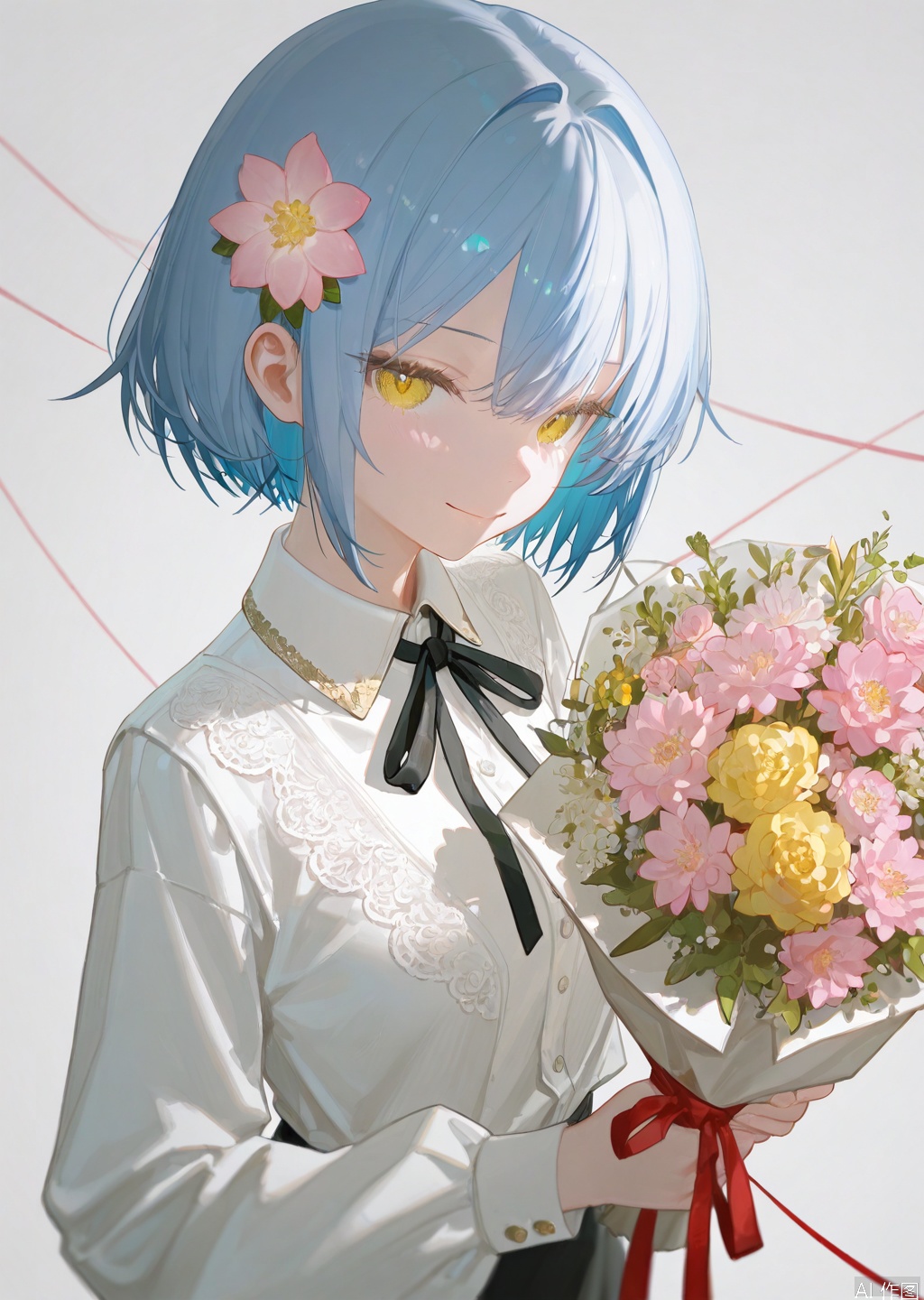 artist:tab_head,[artist:omone_hokoma_agm],[artist:fuzichoco],artist:misheng_liu_yin,[artist:mignon],{{artist:liduk}},{artist:konya_karasue},{{{artist:rolua}}},[[[[artist:freng]]]],[[artist:tianliang_duohe_fangdongye]],{artist:omone_hokoma_agm},year 2023,masterpiece,facing the lens,best quality,very aesthetic,extremely delicate and beautiful,huge filesize,amazing quality,32K UHD,shadow,(gold and silver lace) 
1girl, solo, looking at viewer, smile, short hair, bangs, shirt, hair ornament, long sleeves, ribbon, holding, closed mouth, blue hair, yellow eyes, white shirt, upper body, flower, collared shirt, hair flower, black ribbon, neck ribbon, pink flower, bouquet, yellow flower, holding bouquet,string,banderole,From above,laterally,Blurred foreground,Simple background,White background,banderole,Ribbon flying