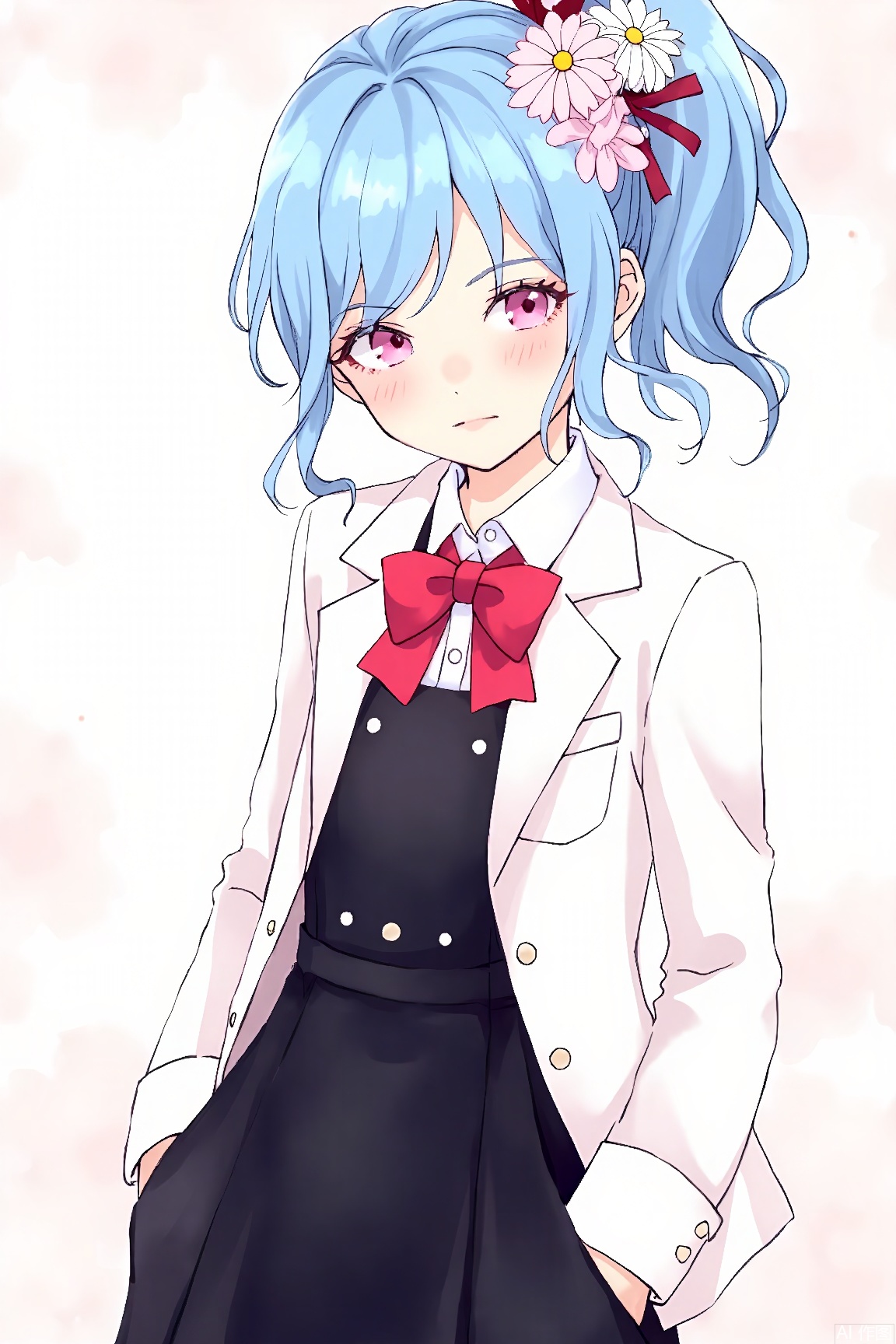 (best quality), ((masterpiece)), (highres),standing,original, extremely detailed wallpaper, (an extremely delicate and beautiful),pink eyes,,(loli),(petite),blue hair,(white Jacket),high ponytail,white collared shirt,hair flower,fipped hair,floating hair,Frown,hands in pockets,black dress,red bowtie,(solo),