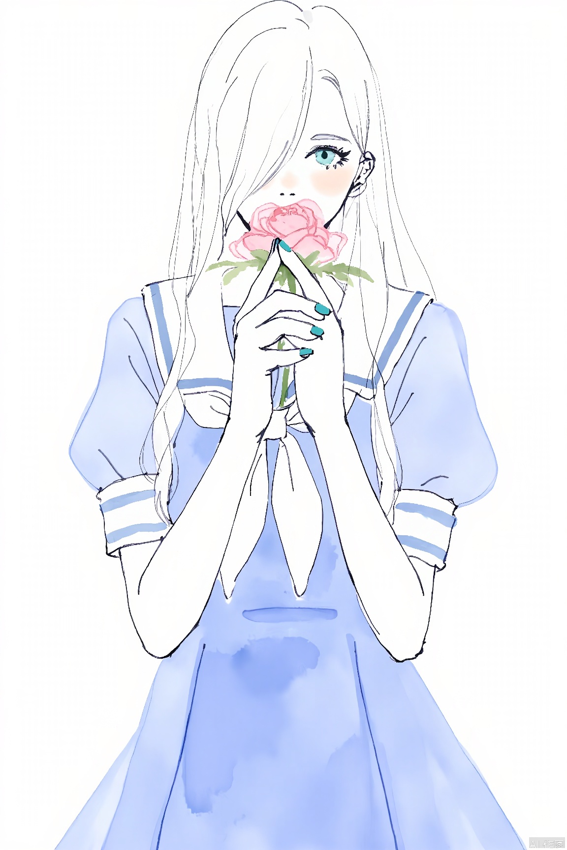  1girl,solo,holding flower,long hair,flower,holding,white sailor collar,hair over one eye,wrist cuffs,dress,short sleeves,parted lips,nail polish,looking at viewer,simple background,bangs,blue dress,sailor collar,white hair,upper body,eyes visible through hair,puffy short sleeves,puffy sleeves,white background,very long hair,sailor dress,blue nails,blue eyes,aqua eyes,aqua nails,watercolor with line