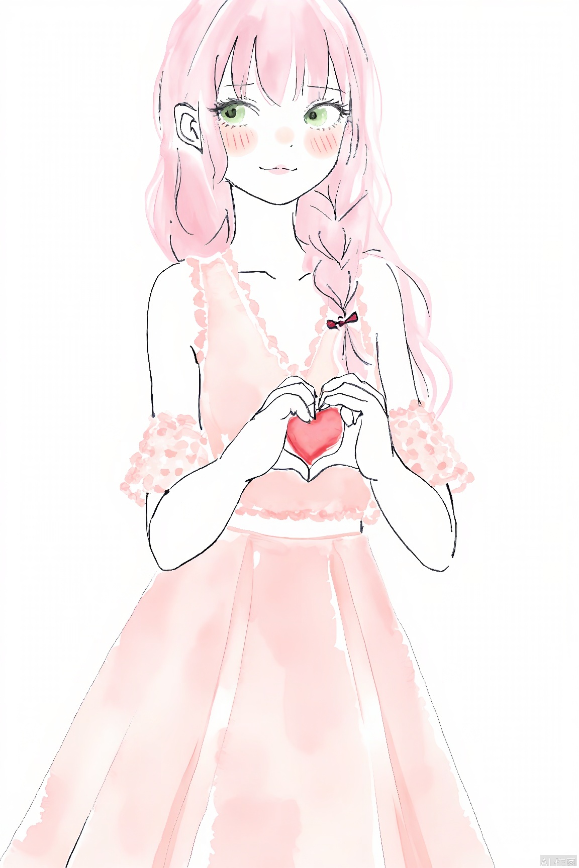 1girl, solo, long hair, looking at viewer, blush, bangs, white background, bow, green eyes, pink hair, braid, heart, detached sleeves, one eye closed, heart hands,watercolor with line