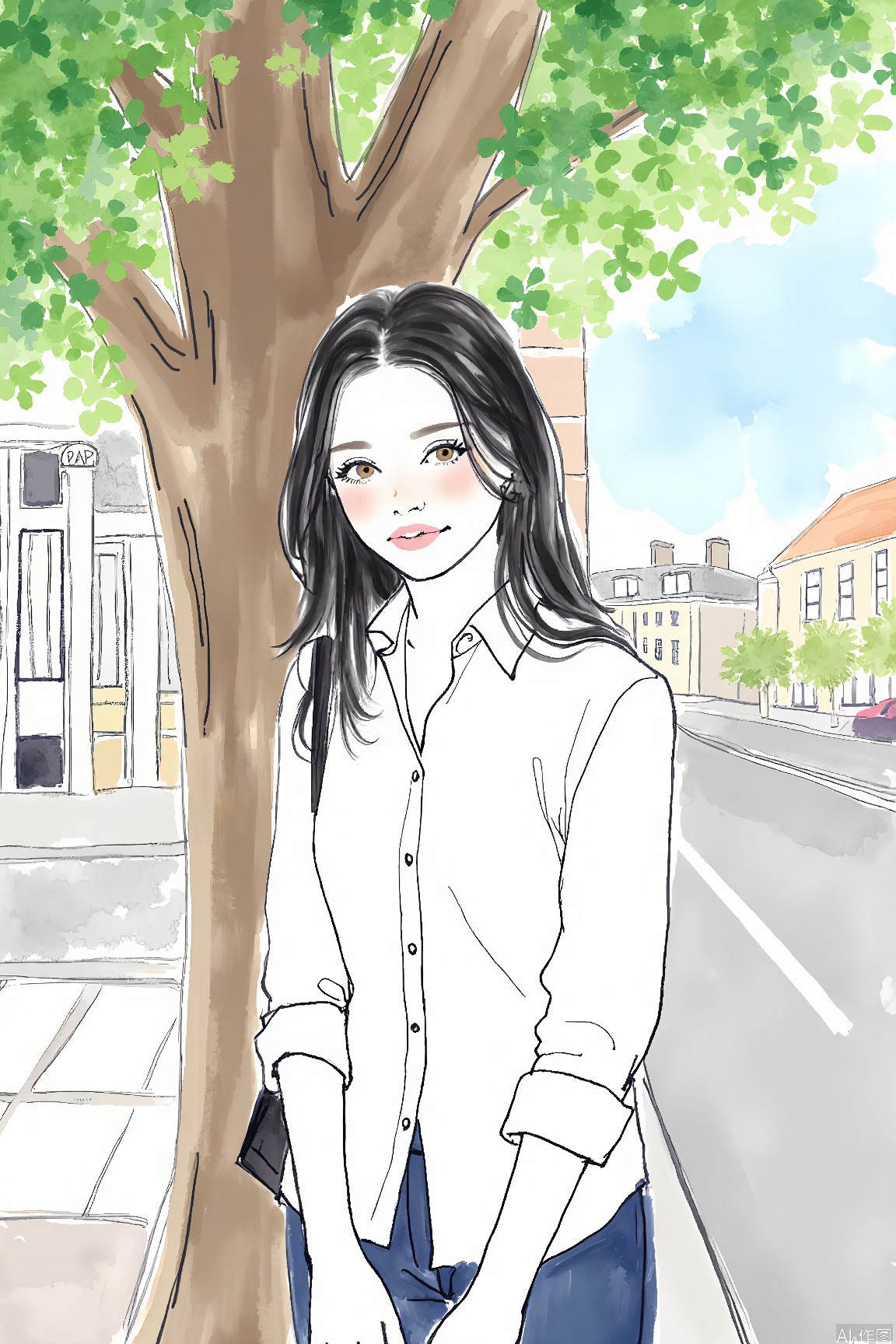 Virtual Chalk Style,
1girl,solo,shirt, outdoors, white shirt, tree, long hair, black hair, building, road, bag, street, day,upper body,watercolor with line