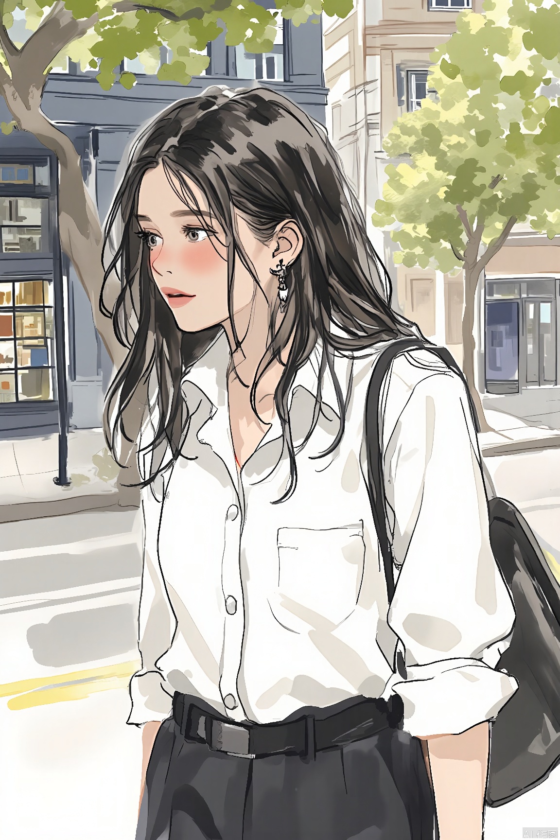 Virtual Chalk Style,
1girl,solo,shirt, outdoors, white shirt, tree, long hair, black hair, building, road, bag, street, day,upper body,watercolor with line