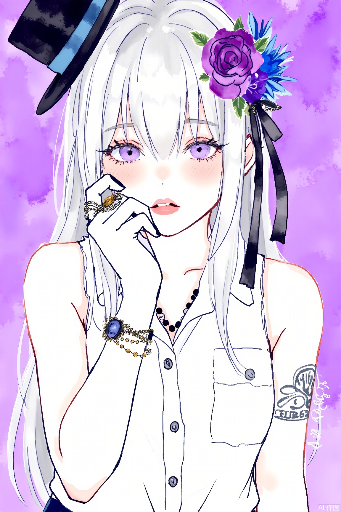 1girl, solo, long hair, looking at viewer, bangs, shirt, hair ornament, gloves, hat, ribbon, hair between eyes, jewelry, purple eyes, white shirt, upper body, flower, white hair, grey hair, parted lips, sleeveless, hand up, nail polish, black headwear, tattoo, rose, ring, black nails, veil, purple background, blue flower, mini hat, top hat, multicolored eyes, purple flower, hat flower, blue rose, barcode, barcode tattoo,watercolor drawing