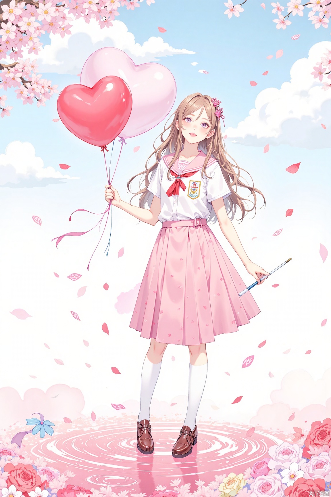 1girl, standing,balloon, brown_footwear, brown_hair, cherry_blossoms, cloud, confetti, falling_petals, heart, heart_balloon, holding, kneehighs, long_hair, petals, petals_on_liquid, pink_eyes, pink_skirt, pleated_skirt, rose_petals, school_uniform, serafuku, shirt, shoes, skirt, sky, socks, solo, wand, white_shirt,lino print