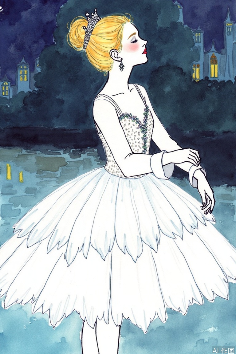 ballet,ballerina,dress,closed eyes,jewelry,single hair bun,hair bun,1girl,earrings,crown,dancing,white dress,blonde hair,solo,long sleeves,profile,feather tutu,sparkle,tiara,makeup,swan lake,dark gothic,dreamy,watercolor with line