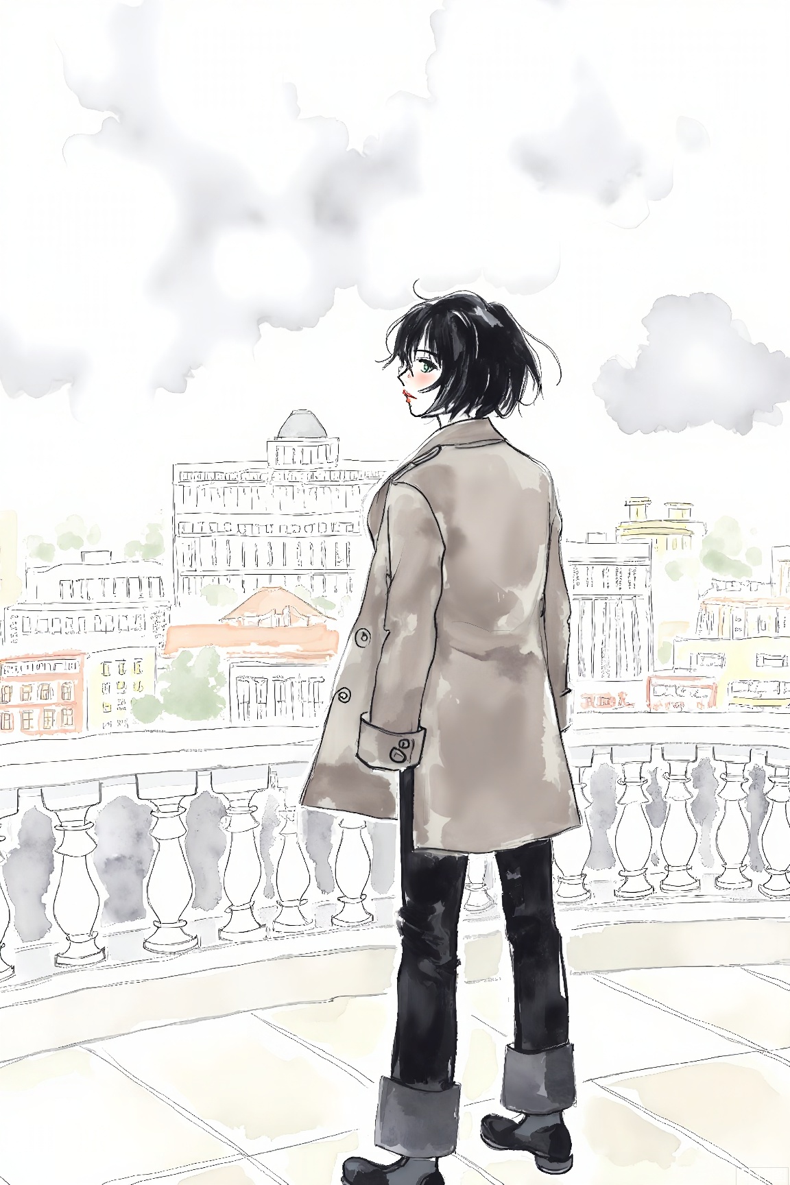 1girl, cloudy sky, solo, cloud, sky, outdoors, black footwear, looking back, looking at viewer, black hair, short hair, pants, sleeves past wrists, city, cityscape, jacket, shoes, long sleeves, from behind, black pants, full body, coat, glasses, sunlight, building, overcast, grey sky, closed mouth, floating hair,watercolor drawing