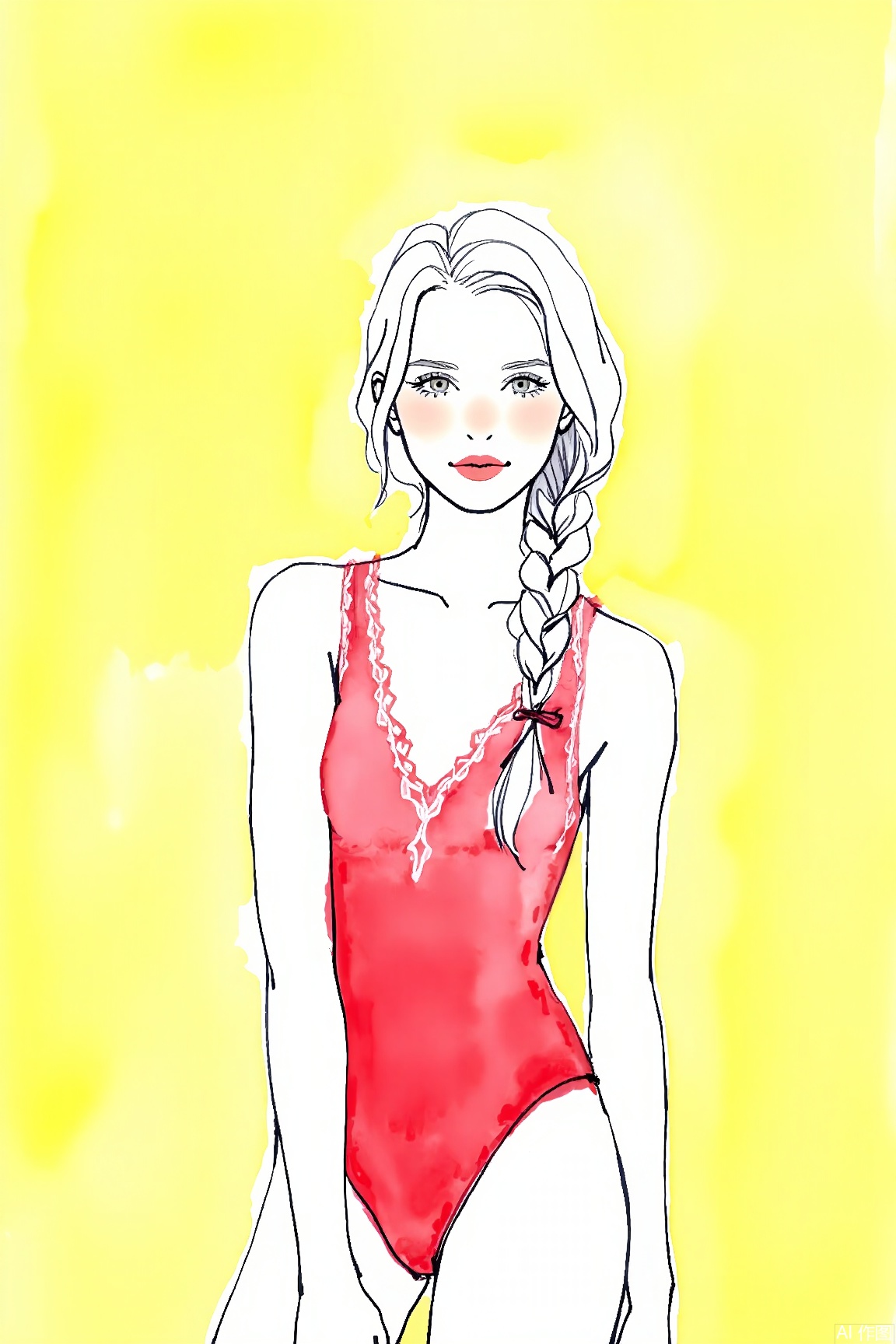 1girl, solo, yellow background, simple background, long hair, looking at viewer, leotard, white hair, braid, bare shoulders,vibrant colored watercolor drawing with ink sketch lines