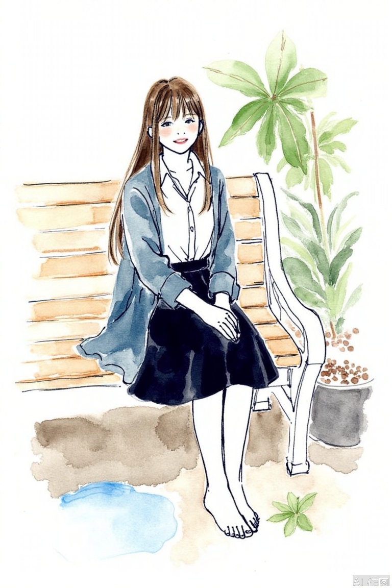 1girl, solo, long hair, smile, bangs, skirt, brown hair, shirt, black hair, long sleeves, dress, sitting, jacket, closed eyes, outdoors, barefoot, black skirt, water, leaf, blue jacket, bench,watercolor with line