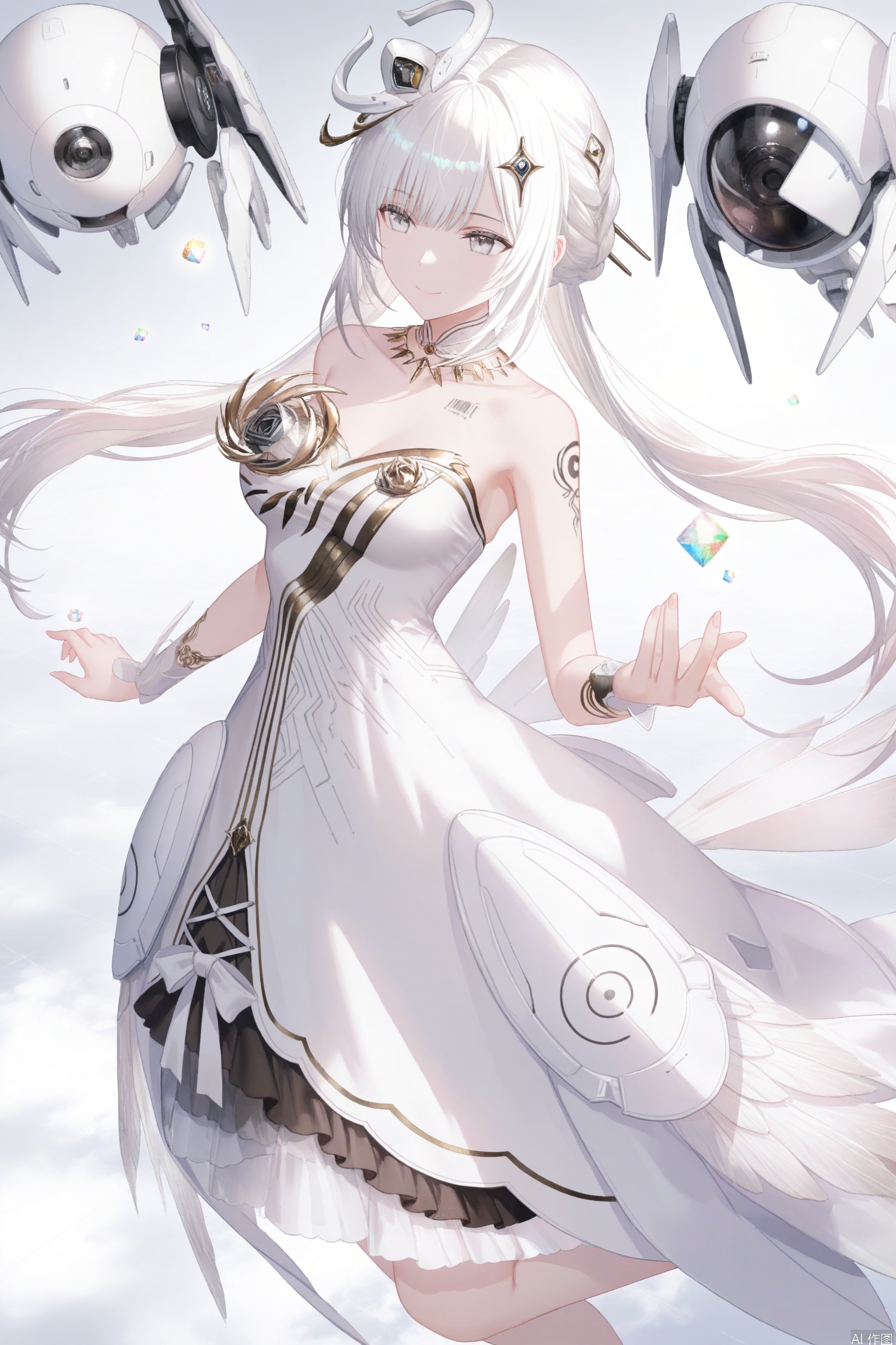  1girl, solo, long hair, smile, bangs, hair ornament, dress, bare shoulders, twintails, white hair, white dress, grey eyes, strapless, tattoo, floating,
masterpiece,best quality,((artist:reoen),(artist:fuzichoco),(artist:atdan),(artist:torino_aqua:0.5),year 2024:0.5),(artist:omone_hokoma_agm:0.8),jijia, 2d, anime,