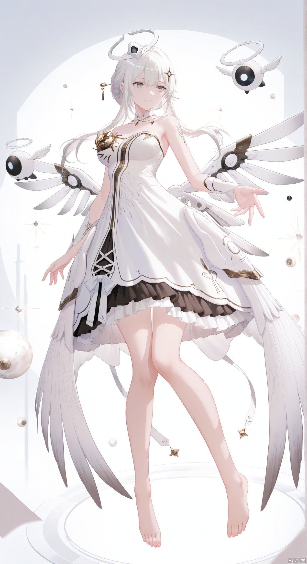  1girl, solo, long hair, hair ornament, dress, bare shoulders, full body, white hair, wings, barefoot, white dress, grey eyes, strapless, halo, floating,gentle smile,
masterpiece,best quality,((artist:reoen),(artist:fuzichoco),(artist:atdan),(artist:torino_aqua:0.5),year 2024:0.5),(artist:omone_hokoma_agm:0.8),jijia, 2d, anime,