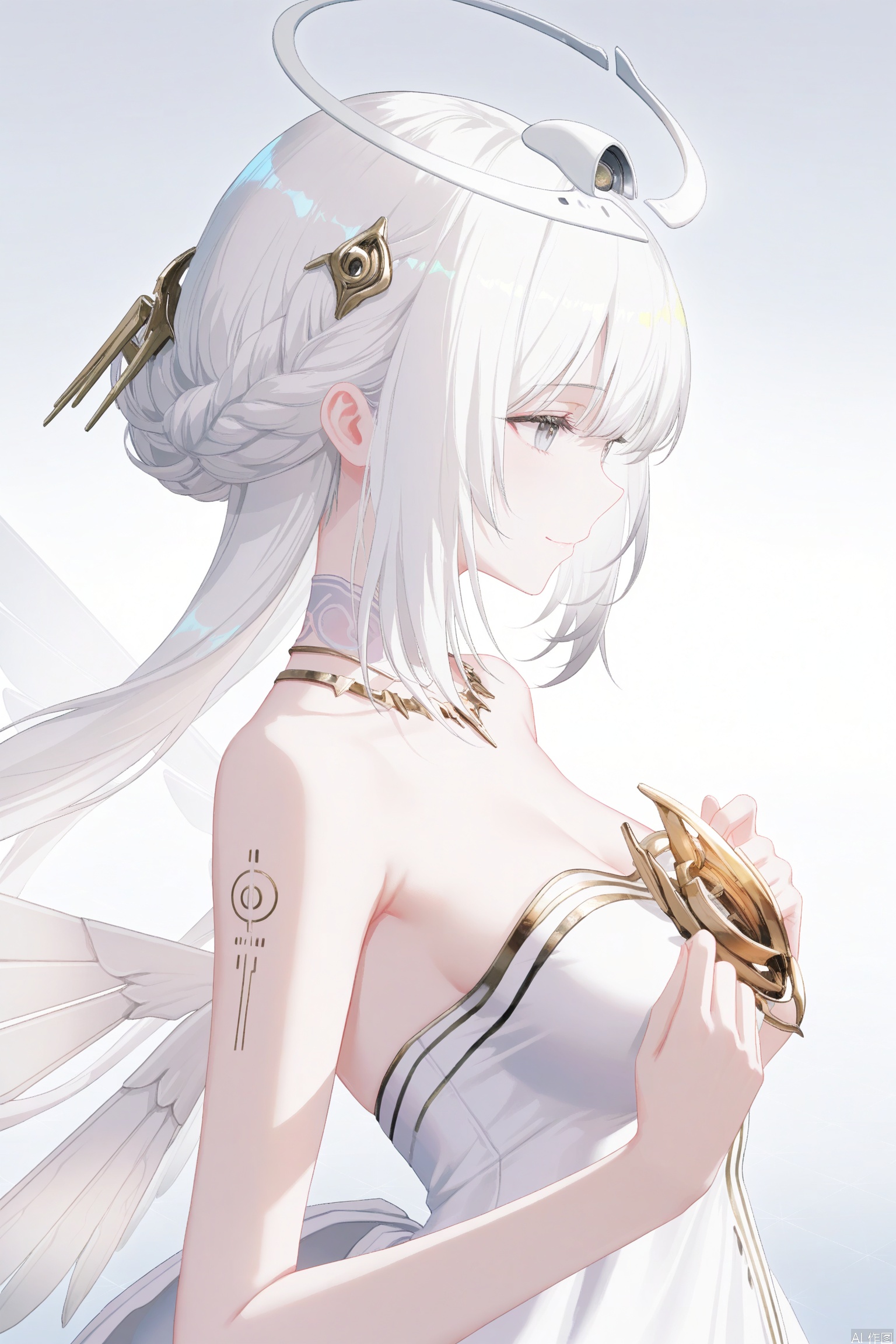 1girl, solo, long hair, hair ornament, dress, bare shoulders,white hair, wings,white dress, grey eyes, strapless, halo,gentle smile,upper body,gentle expression,soft gentle eyes,parted lpis,from side,
masterpiece,best quality,((artist:reoen),(artist:fuzichoco),(artist:atdan),(artist:torino_aqua:0.5),year 2024:0.5),(artist:omone_hokoma_agm:0.8),jijia, 2d, anime,