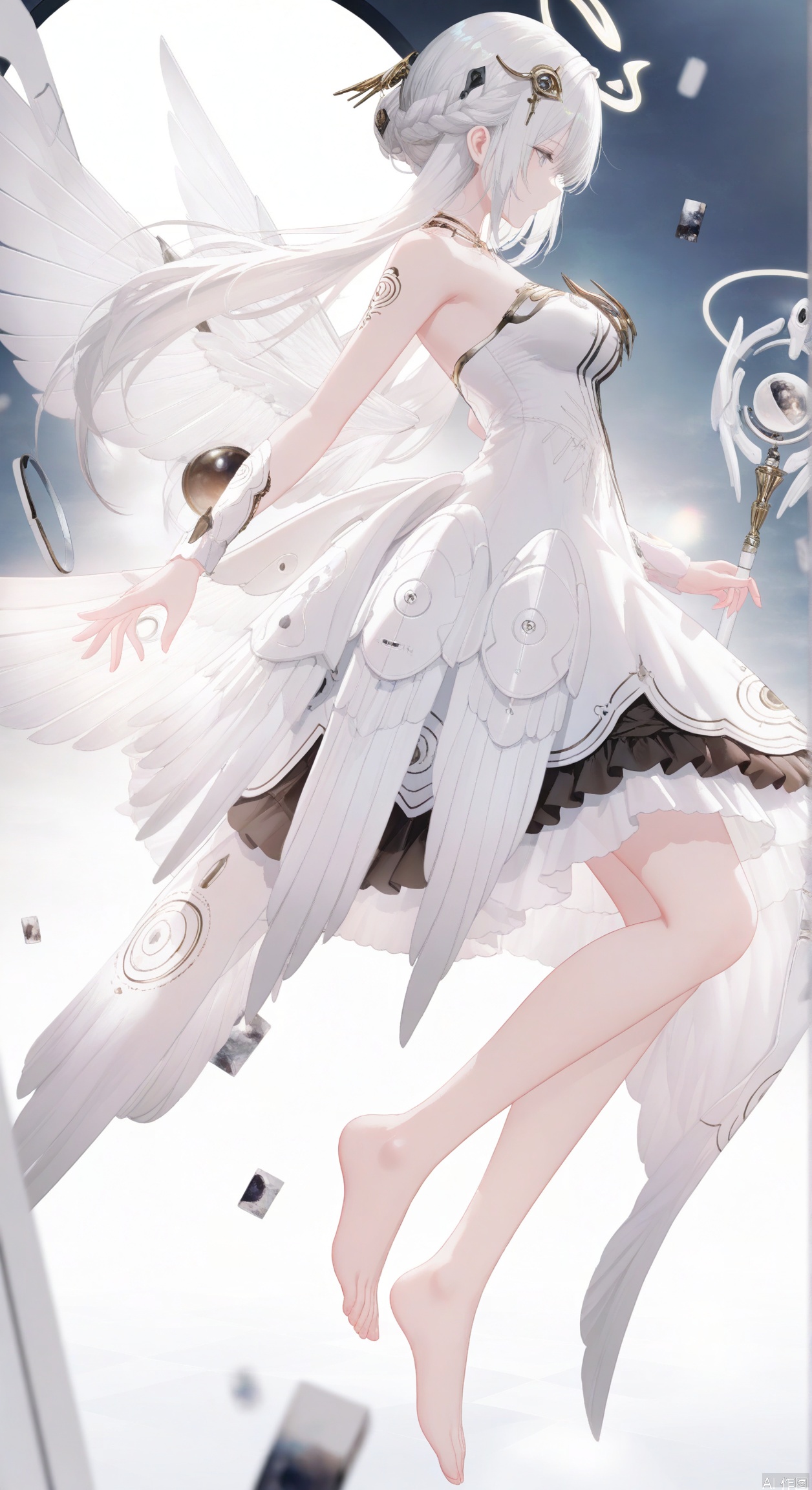  1girl, solo, long hair, hair ornament, dress, bare shoulders, full body, white hair, wings, barefoot, white dress,strapless, halo, floating,from side,grey eyes,
masterpiece,best quality,((artist:reoen),(artist:fuzichoco),(artist:atdan),(artist:torino_aqua:0.5),year 2024:0.5),(artist:omone_hokoma_agm:0.8),jijia, 2d, anime,
