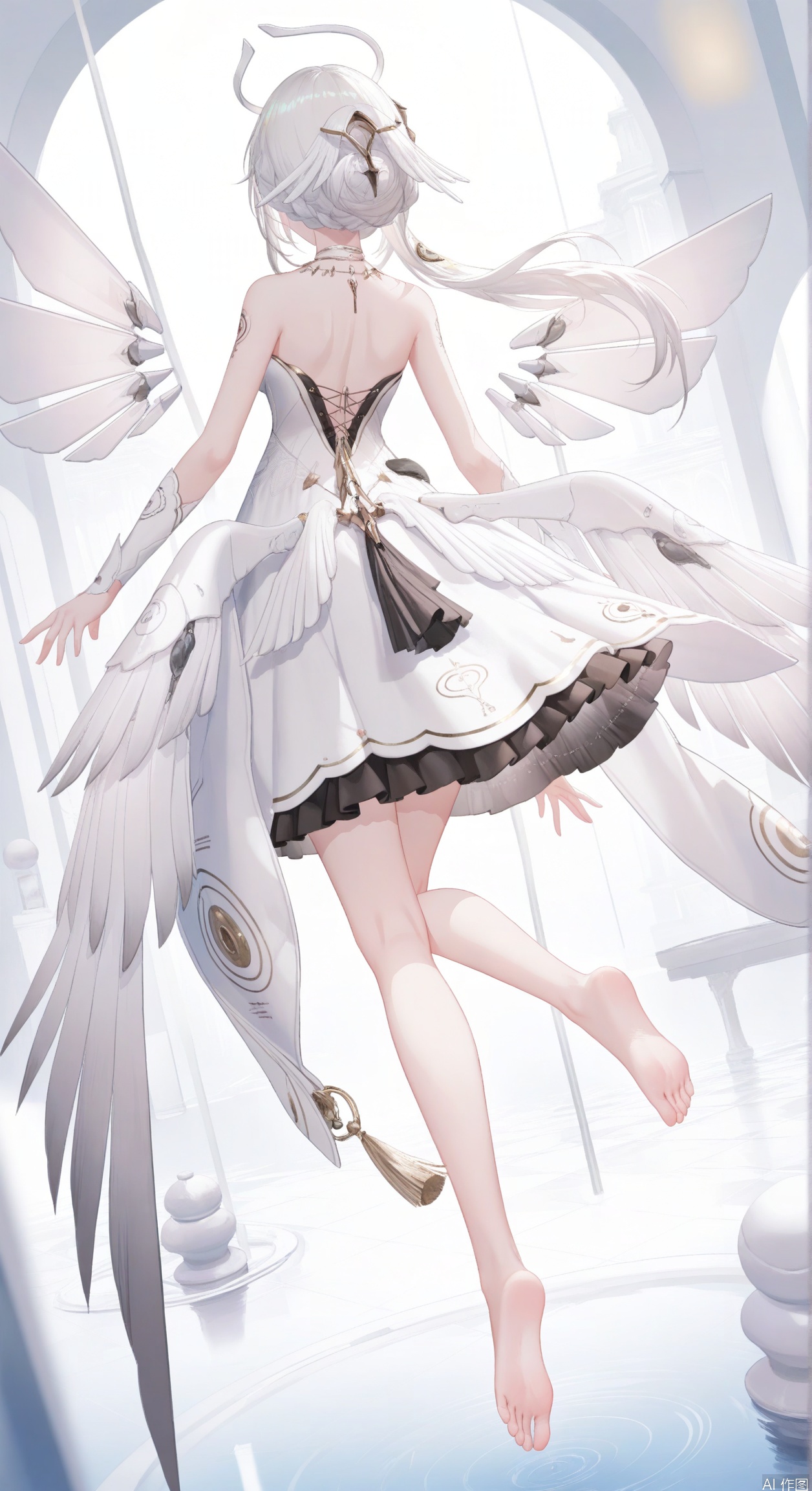  1girl, solo, long hair, hair ornament, dress, bare shoulders, full body, white hair, wings, barefoot, white dress,strapless, halo, floating,from behind,soles,
masterpiece,best quality,((artist:reoen),(artist:fuzichoco),(artist:atdan),(artist:torino_aqua:0.5),year 2024:0.5),(artist:omone_hokoma_agm:0.8),jijia, 2d, anime,