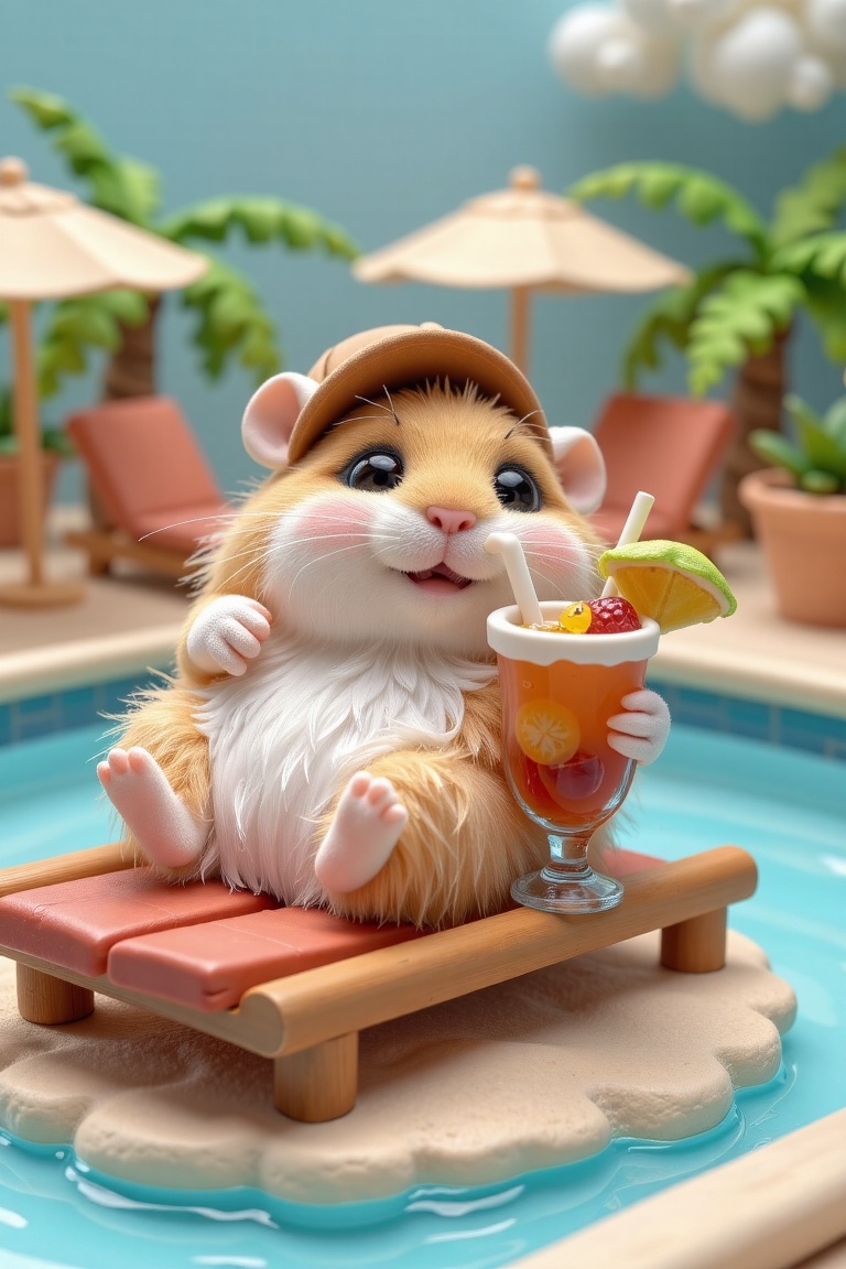 A claymation-style cute fluffy hamster lying on his back on a clay lounger by the clay pool,  wearing a clay baseball cap...