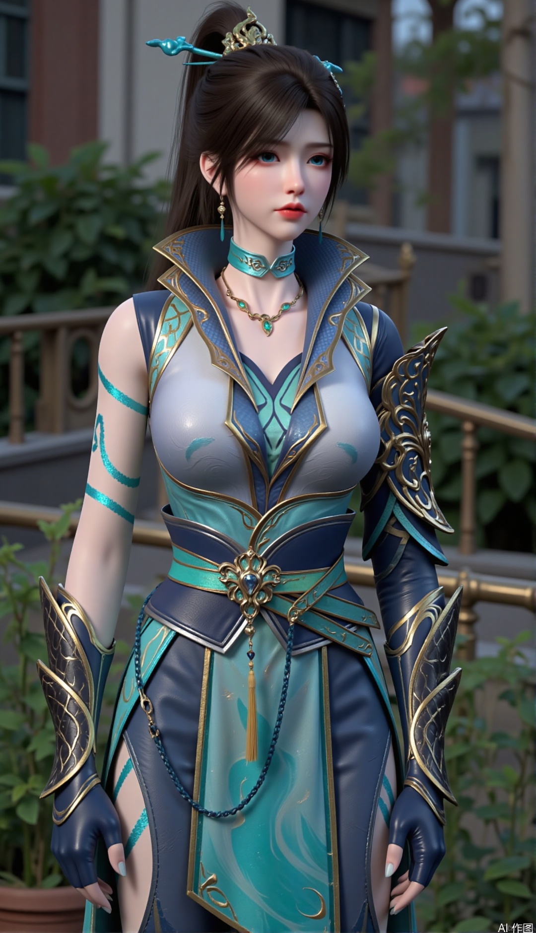 zichu-qinglin, full body,the image depicts a character wearing a fantasy-style outfit with rich details. The character wore a sleepless top with intricate patterns of turquoise and dark blue with gold embellishments. A matching skirt has a similar turquoise and dark blue design that hangs naturally, and the character also wears armored hands. A belt with central decorative elements perfects the outfit. The character has long dark hair and a high ponytail, and the overall appearance looks like a warrior or fantasy character.
The background is an outdoor scene with green plants and railings, creating a fashionable and sexy atmosphere as a whole.