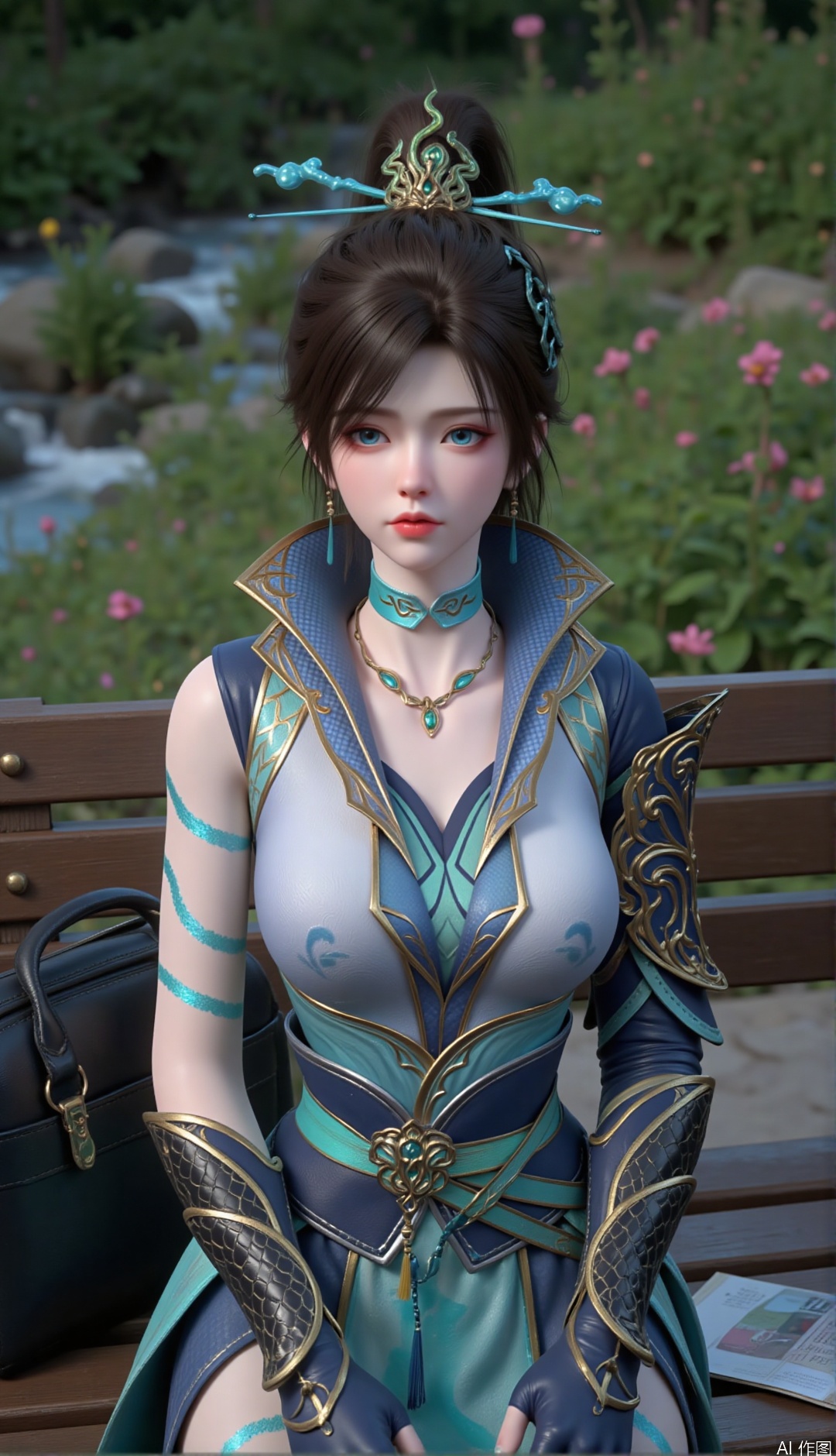 zichu-qinglin, this image depics a woman with her hair tied into a high ponytail, with turquoise hairpin and snake-like headdress. He has blue eyes and pink lips, blush on his face, delicate makeup and three-dimensional facial features
She was dressed in complex armor, and her costume consistent mainly of blue and blue green tones, with golden details accentuating the armor parts. The armor consists of a turtleneck corset, armored handguards and a flowing dress-like outfit, colored and wound a necklace.
She sat gracefully on the outdoor bench, under which there was a black schoolbag and a flipped magazine next to it. The background is a green garden with lush flowers and plants and a stream, and the overall atmosphere is fresh and natural.