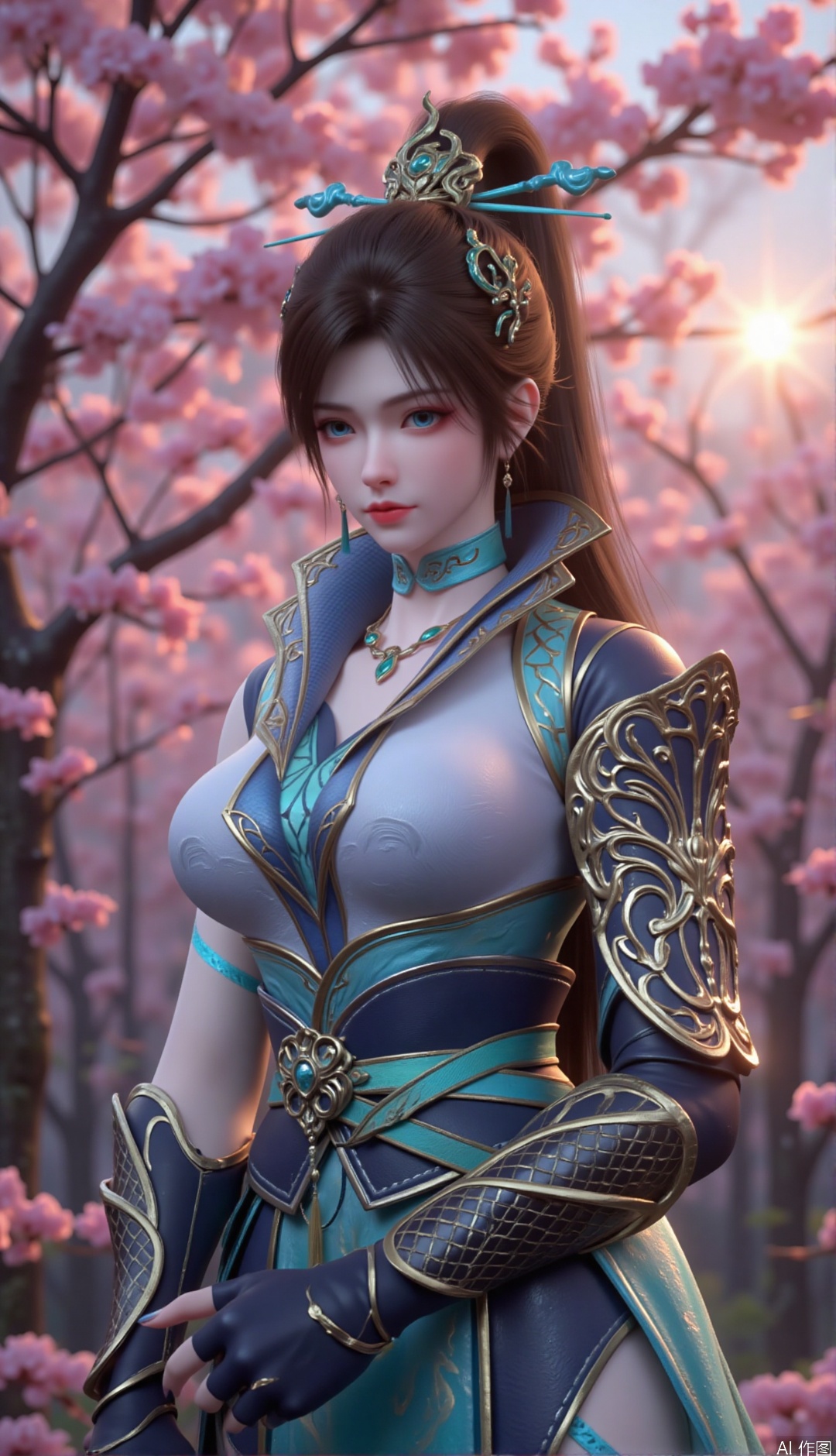 zichu-qinglin, this image depics a woman with her hair tied into a high ponytail, with turquoise hairpin and snake-like headdress. He has blue eyes and pink lips, blush on his face, delicate makeup and three-dimensional facial features
She was dressed in complex armor, and her costume consistent mainly of blue and blue green tones, with golden details accentuating the armor parts. The armor consists of a turtleneck corset, armored handguards and a flowing dress-like outfit, colored and wound a necklace.
She stands in the blooming peach forest, with pink peach blossoms lush in the background, and the sun shines through the branches, creating a dreamy and beautiful atmosphere, showing the beauty of oriental classical romanticism.