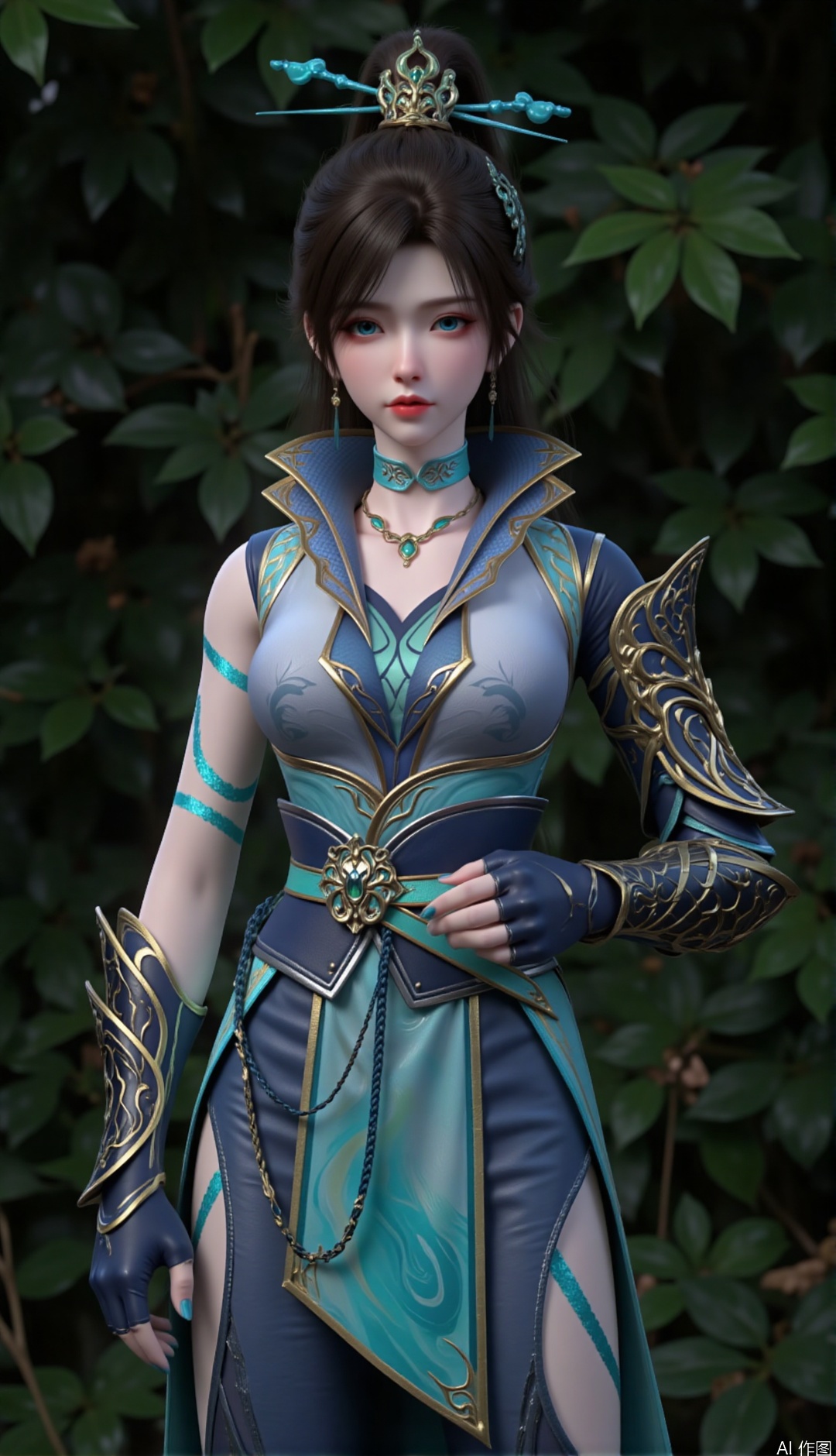 zichu-qinglin, full body,the image depicts a character wearing a fantasy-style outfit with rich details. The character wore a sleepless top with intricate patterns of turquoise and dark blue with gold embellishments. A matching skirt has a similar turquoise and dark blue design that hangs naturally, and the character also wears armored hands. A belt with central decorative elements perfects the outfit. The character has long dark hair and a high ponytail, and the overall appearance looks like a warrior or fantasy character.
The background is lush with plants, creating a natural and quiet atmosphere, and the overall picture shows an elegant and sexy temperament.