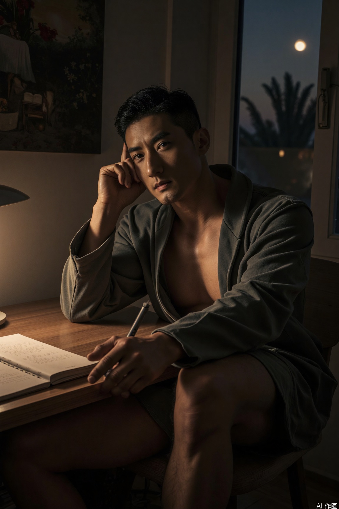 In the evening, in the home study, the male model is sitting at the desk, and the desk lamp emits a soft light. He is wearing a dark grey loungewear, resting his cheek on one hand and holding a pen in the other. There is a notebook open in front of him, and an art painting hangs on the wall. The night outside is getting darker, and the room is quiet and peaceful, full of an atmosphere of thinking..xnz
