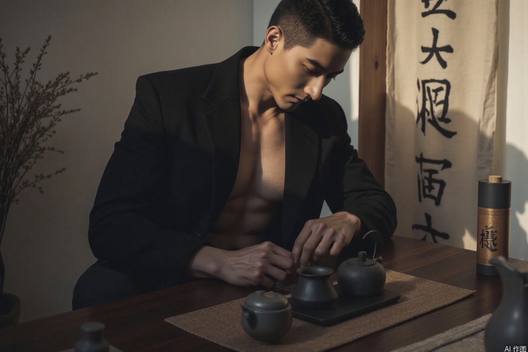 xnz,hor,muscular male, The man, in a black suit with no innerwear, squats at a table, focusing on the tea set. The background features a curtain with calligraphy, creating a serene and elegant atmosphere.