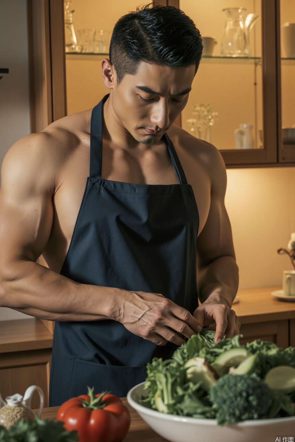 In the open kitchen, the male model is wearing a dark blue apron and concentrating on cooking. There are tiny beads of sweat on his forehead, but his eyes show earnestness. There are fresh ingredients and delicate tableware on the kitchen countertop. The glass of the cabinet behind reflects his tall figure, and the warm yellow light illuminates this warm home cooking scene..xnz