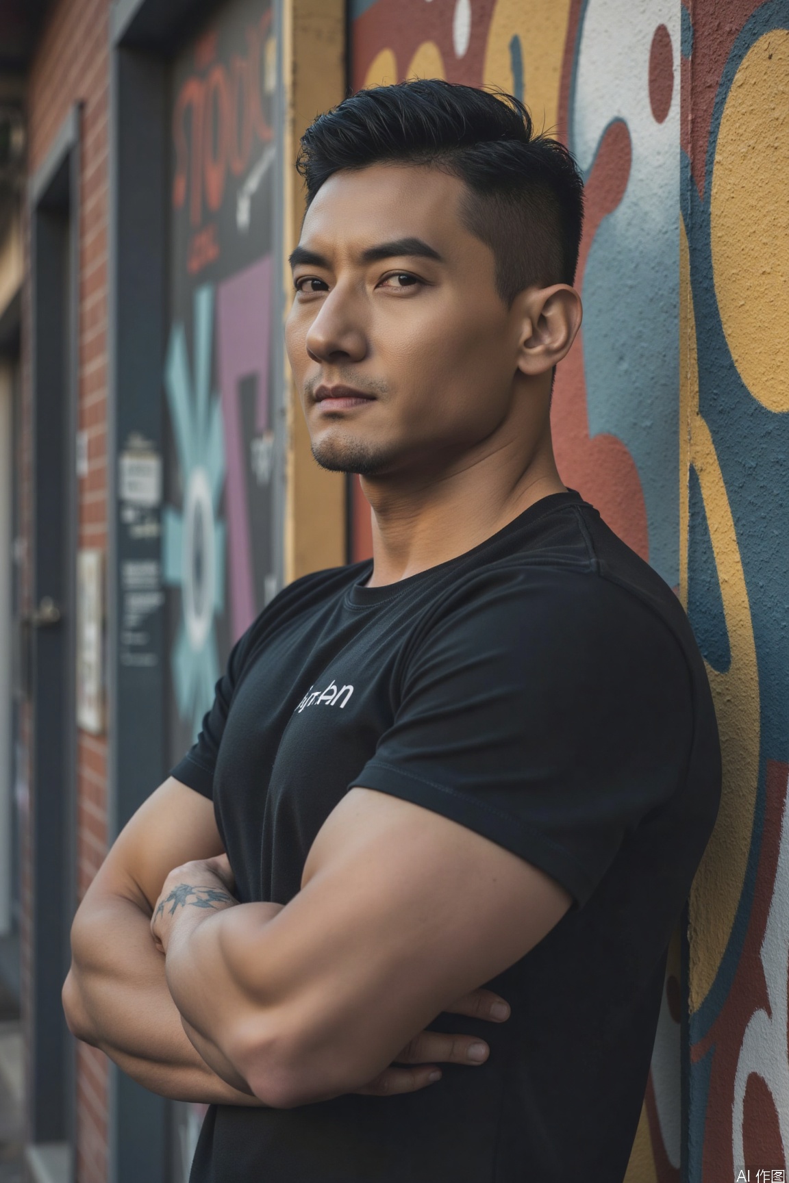 Beside the graffiti wall on the city street, a trendy male model strikes a cool pose. His muscles tense up to support the stylish T-shirt, and the tattoo on his arm is faintly visible. With firm and confident eyes, the hustle and bustle of the streets and the colorful graffiti on the wall jointly create a passionate urban atmosphere.xnz