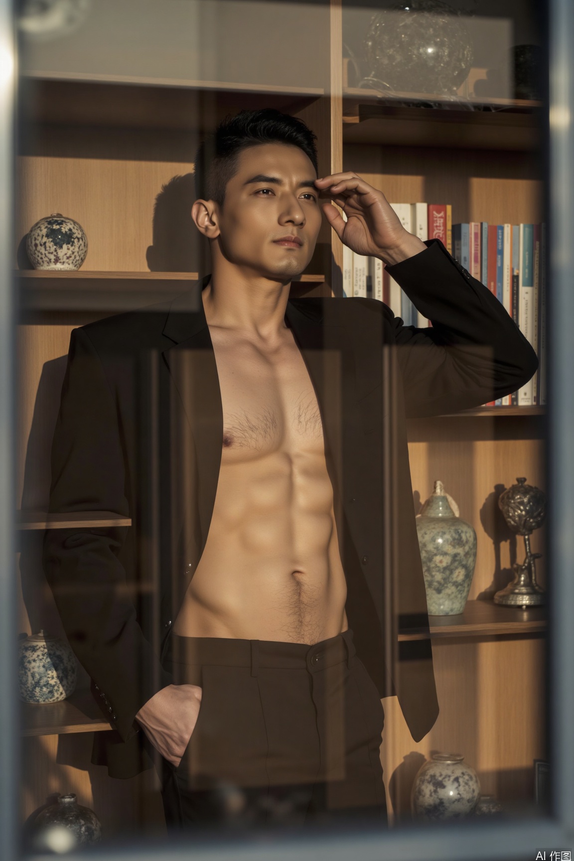 xnz,hor,muscular male, The man, wearing a black suit with his upper body bare, has one hand on his forehead and the other in his pocket. His image is reflected through a glass window, with books and ornaments on the bookshelf outside, where light and shadow intertwine.