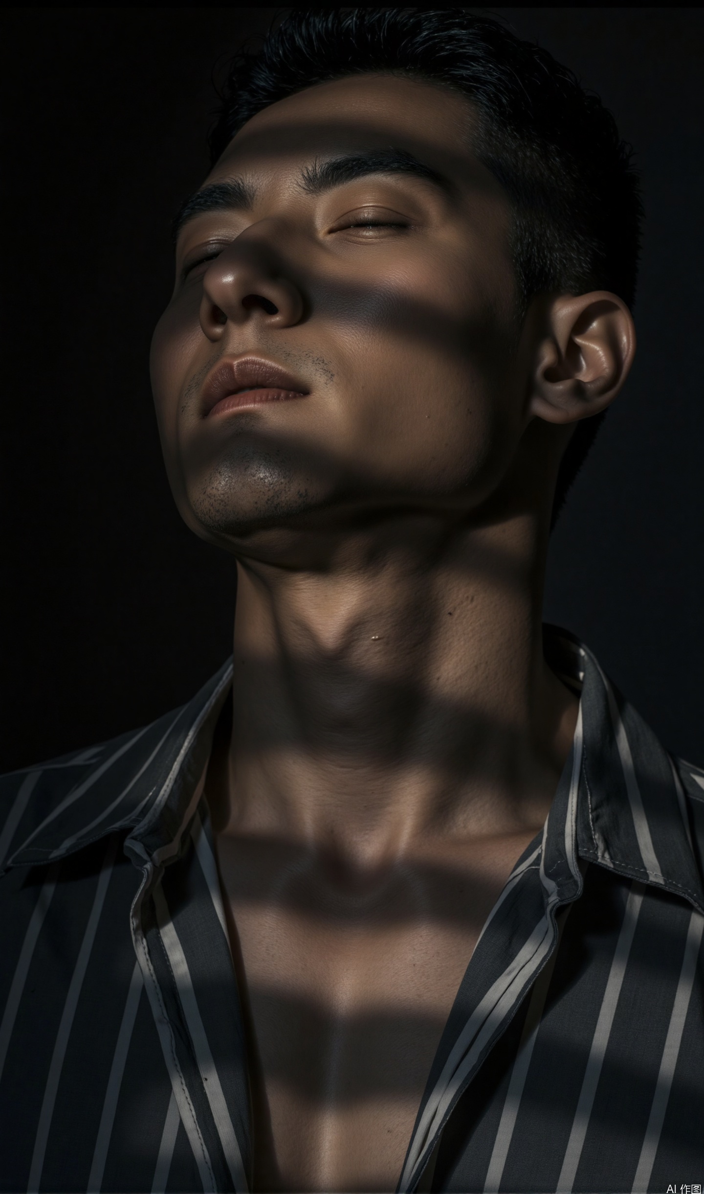 This is a black-and-white photograph of a young man's face, captured in a dramatic, high-contrast style. The image is taken from a low angle, focusing on his face and upper torso, with the background being completely dark, emphasizing the subject. The man's face is illuminated by a light source positioned to the left, creating stark, horizontal stripes of light and shadow across his face, giving it a surreal, almost abstract quality. His expression is calm and contemplative, with his eyes closed and his lips slightly parted. His skin tone is medium to light, and his short, dark hair is neatly groomed. He is wearing a striped shirt, which adds texture and contrast to the image. The photograph captures the play of light and shadow on his face, highlighting the contours of his nose, cheekbones, and jawline. The overall mood of the photograph is introspective and ethereal, with a focus on the interplay of light and shadow, creating a sense of depth and mystery. The photograph is a fine art piece, emphasizing the interplay of light and shadow, and the subject's contemplative state.,xnz,hor