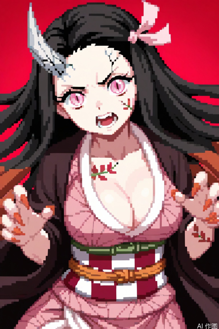 1girl,solo,kamado nezuko,long hair,cracked skin,breasts,veins,horns,slit pupils,cleavage,black hair,single horn,japanese clothes,sharp fingernails,kimono,fingernails,looking at viewer,red background,sash,teeth,obi,open mouth,large breasts,ribbon,very long hair,pink kimono,multicolored hair,hair ribbon,pink eyes,simple background,
