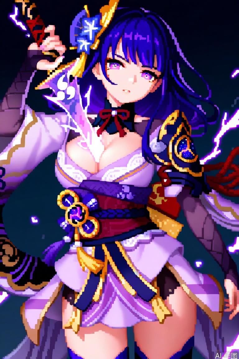 cowboy shot, 1girl, raiden shogun, holding sword,between breasts, head tilt, serious, hand up, looking at viewer, parted lips, wind, dark background, electricity, sparks,