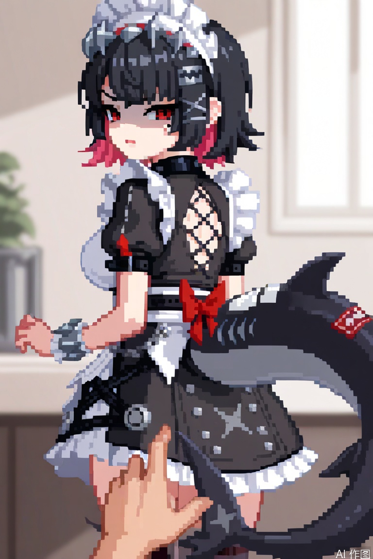 1girl, ellen joe, masterpiece, x hair ornament, spikes, two-tone hair, looking back, maid headdress, apron, metal hairband, black dress, maid apron, red eyes, colored inner hair, black hair, hairclip, short hair, pink hair, multicolored hair, mole under eye, spiked hairband, disgust, shark tail, shaded face, from behind, pov, touch tail,
