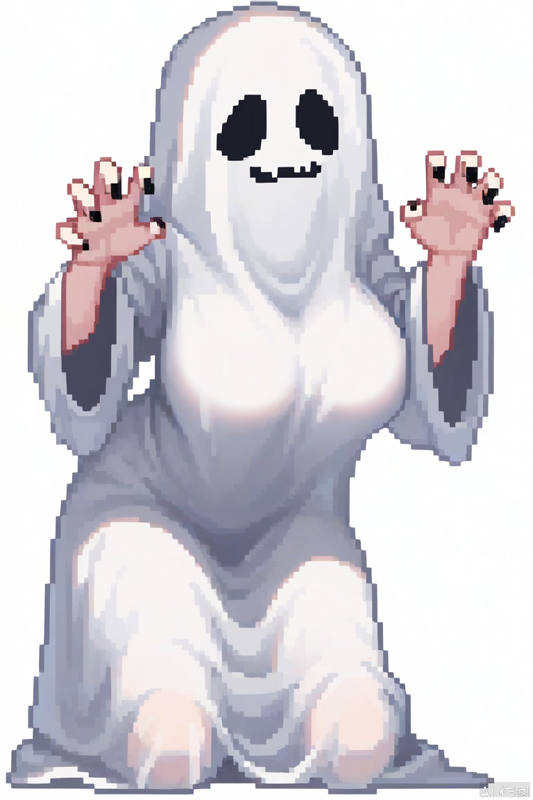 sheet ghost,solo,ghost costume,1girl,white background,claw pose,big breasts,black nails,kneeling,
