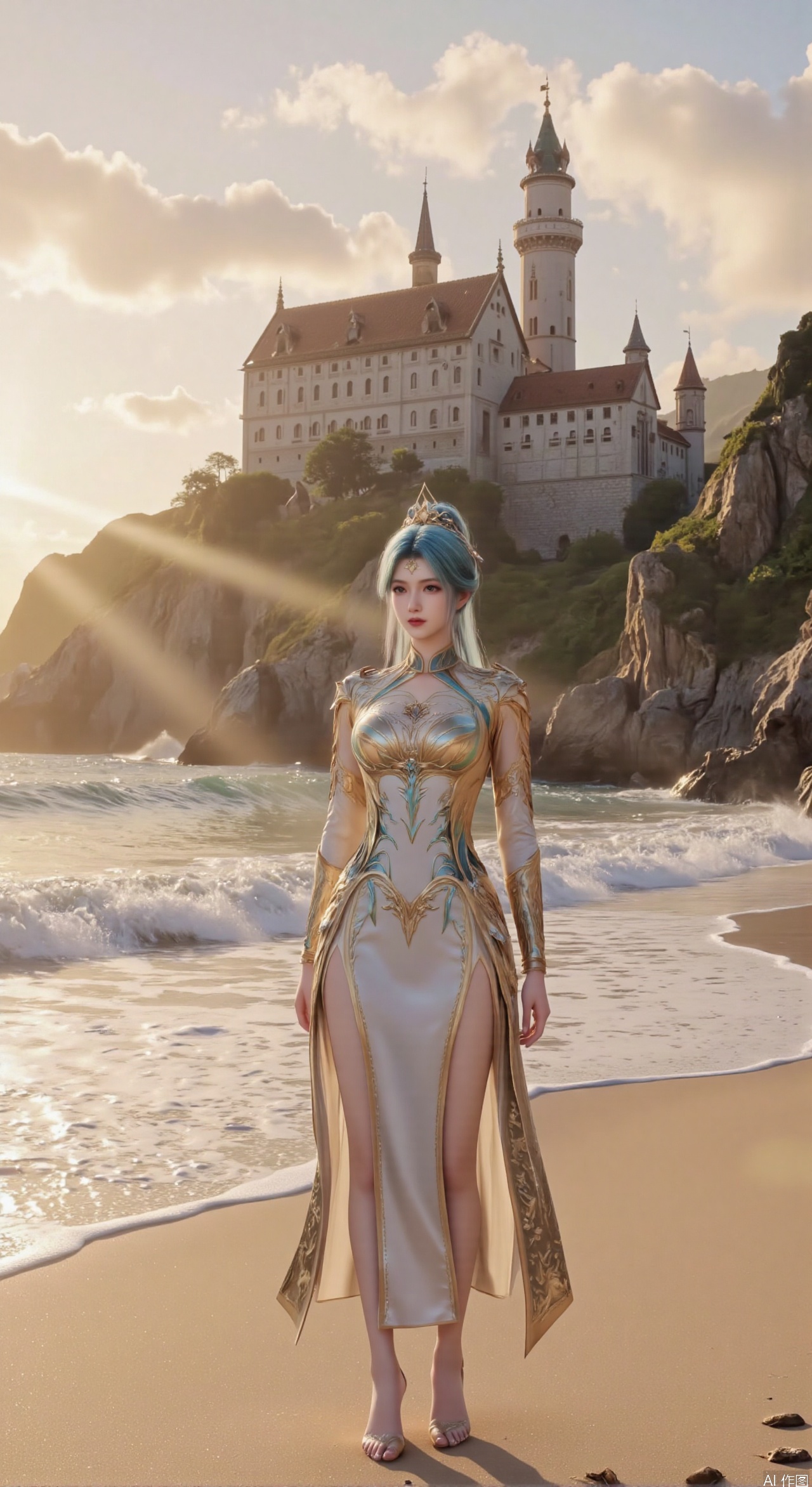  SFW,(masterpiece:1.2),best quality,3d anime style, cg,absurdres,masterpiece,original,extremely detailed wallpaper,perfect lighting,official art, A young woman in embroidered qipao standing barefoot on golden sandy beach, colorful flowers around feet, ocean waves washing over feet, white medieval castle with pointed towers resembling Neuschwanstein Castle perched on steep cliff in background, golden sunset rays piercing through clouds, ultra-wide angle composition with detailed foreground sand textures, dynamic mid-shot of figure interacting with waves, three-dimensional castle structure in background, high saturation colors, 8K resolution, precise depth of field control, HDR lighting, surreal elements blended with photorealistic details, realistic water reflections, intricate silk fabric texture, castle floating in mist atmosphere,(huge breasts:2.99),(full breasts:2.99),Xhenge,Xshisanyi
