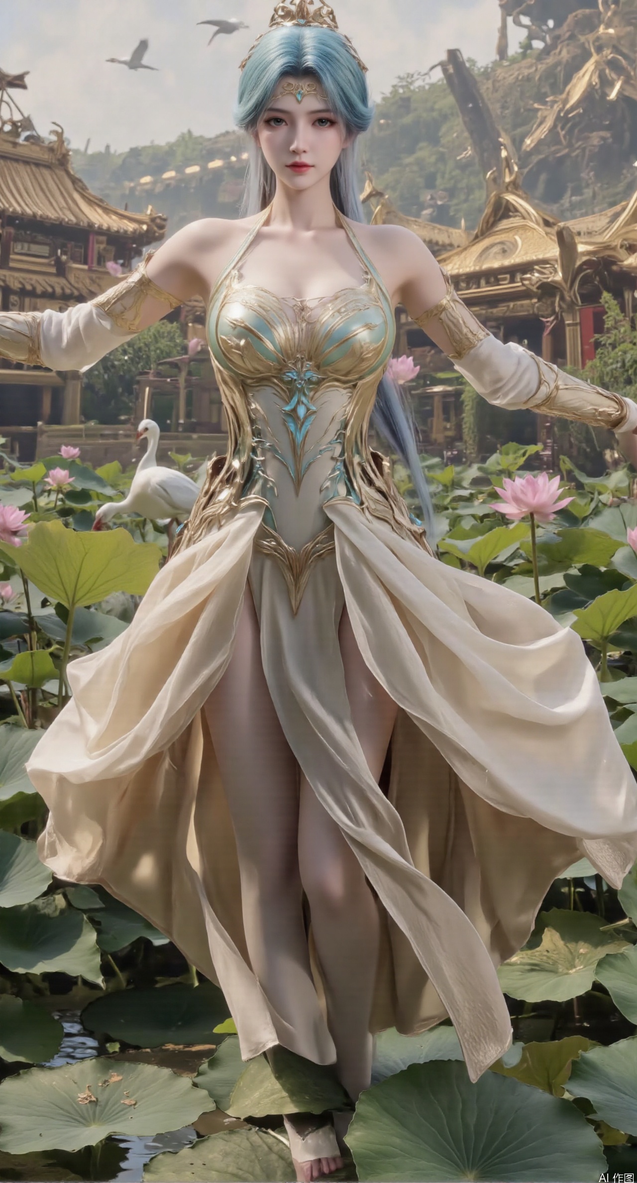  SFW,(masterpiece:1.2),best quality,1girl,solo,long hair,long dress,celestial maiden in flowing tulle gown levitates above lotus pond, ethereal mist trails from hair ribbons, mythical Penglai paradise emerges through clouds with glowing pavilions, translucent bioluminescent lotus blooms, flock of cranes gliding over water surface, ultra HD with soft 3D rendering, morning light filters through mist, falling petal rain, intricate details on scale-patterned fabric and lotus veins.(huge breasts:2.99),(full breasts:2.99),Xzhihua,Xsiyouyou,Xyanruyu,Xmoxiaonan,Xyeqingxian,Xyunwangshu,XlishaoyinY,Xxiaowu,Xyusanniang,XhuolingerHHY