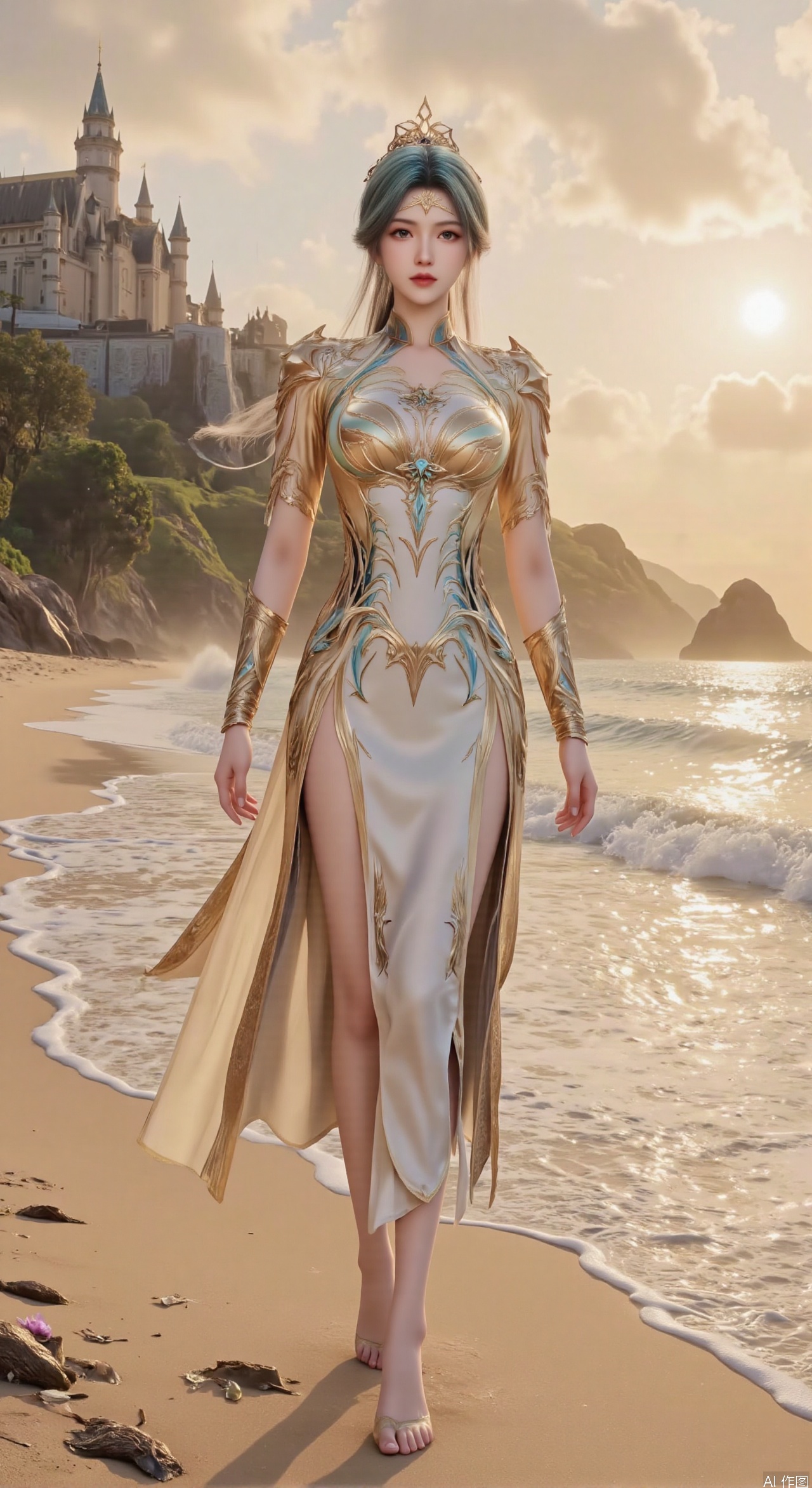  SFW,(masterpiece:1.2),best quality,3d anime style, cg,absurdres,masterpiece,original,extremely detailed wallpaper,perfect lighting,official art, A young woman in embroidered qipao standing barefoot on golden sandy beach, colorful flowers around feet, ocean waves washing over feet, white medieval castle with pointed towers resembling Neuschwanstein Castle perched on steep cliff in background, golden sunset rays piercing through clouds, ultra-wide angle composition with detailed foreground sand textures, dynamic mid-shot of figure interacting with waves, three-dimensional castle structure in background, high saturation colors, 8K resolution, precise depth of field control, HDR lighting, surreal elements blended with photorealistic details, realistic water reflections, intricate silk fabric texture, castle floating in mist atmosphere,(huge breasts:2.99),(full breasts:2.99),Xhenge,Xshisanyi