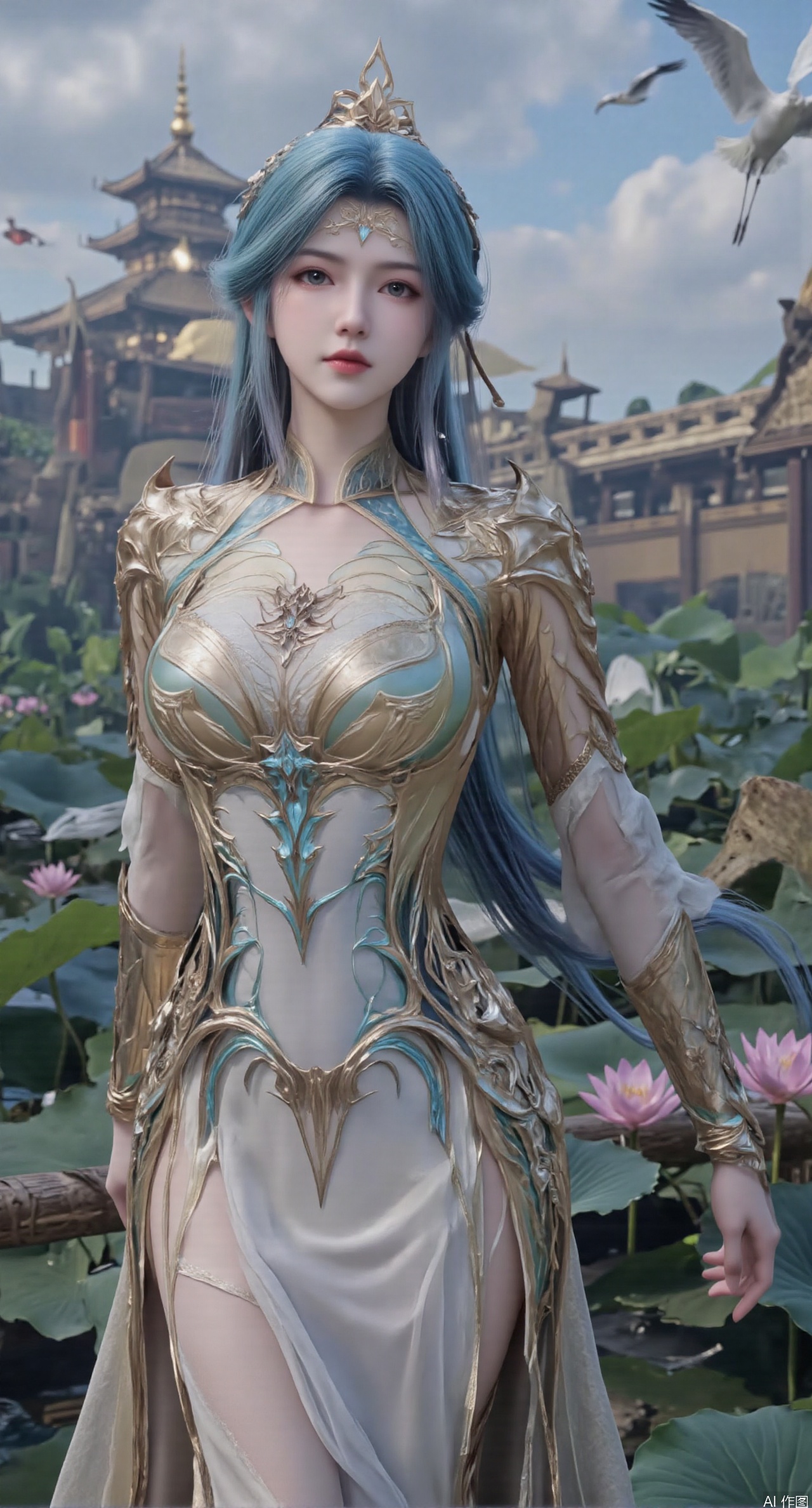  SFW,(masterpiece:1.2),best quality,1girl,solo,long hair,long dress,celestial maiden in flowing tulle gown levitates above lotus pond, ethereal mist trails from hair ribbons, mythical Penglai paradise emerges through clouds with glowing pavilions, translucent bioluminescent lotus blooms, flock of cranes gliding over water surface, ultra HD with soft 3D rendering, morning light filters through mist, falling petal rain, intricate details on scale-patterned fabric and lotus veins.(huge breasts:2.99),(full breasts:2.99),Xzhihua,Xsiyouyou,Xyanruyu,Xmoxiaonan,Xyeqingxian,Xyunwangshu,XlishaoyinY,Xxiaowu,Xyusanniang,XhuolingerHHY