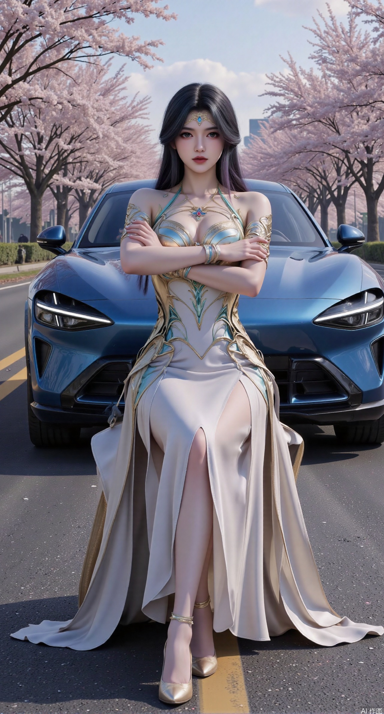  SFW,Best quality, masterpiece, 8k, 1 girl, sitting on the front headlights of a sports car, single, black hair, long dress, vehicle focus, crossed arms, brown eyes, armbands, long skirt, strapless dress, high heels, long hair,, full body, looking at the audience, chest, bare shoulders, blue sports car,Xyu7,.(huge breasts:2.99),(full breasts:2.99),(The road is lined with cherry blossoms, and the road is covered with cherry blossoms:1.29),XyueliuY,XchulingyuY,XliumeiY,XtianqiongY,Xaorun,XlishaoyinY,Xanmiaoyi,XhuolingerHHY,XwangqiuerKQW,Xxuenv