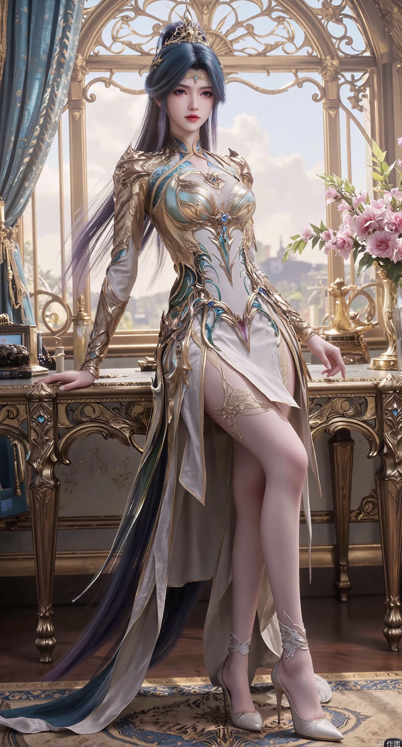 Ultra clear, wallpaper, 8k, masterpiece, 1girl, solo, long hair, breasts, looking at viewer, bangs, large breasts,long dress,, bare shoulders, jewelry, black hair, standing, purple eyes, full body, flower, thighs, indoors, hair bun, long dress, high heels, cup, see-through, book, bare legs, window, table, white footwear, standing on one leg, curtains, pink flower, side slit, vase, ,(huge breasts:2.99),(full breasts:2.99),phone screen,XanmiaoyiY,XhuolingerHHY,XwangqiuerKQW,Xxuenv