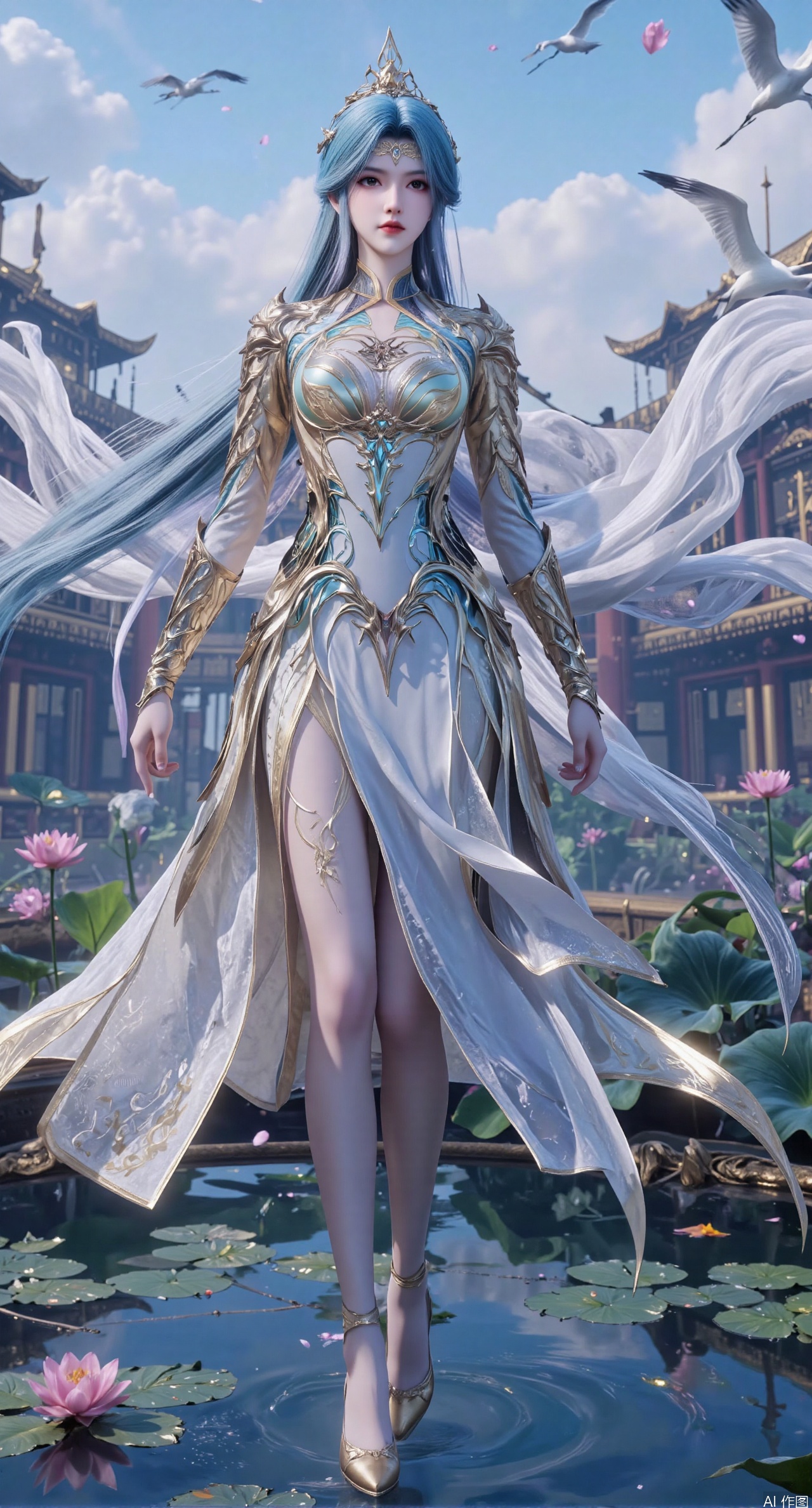 SFW,(masterpiece:1.2),best quality,1girl,solo,long hair,long dress,celestial maiden in flowing tulle gown levitates above lotus pond, ethereal mist trails from hair ribbons, mythical Penglai paradise emerges through clouds with glowing pavilions, translucent bioluminescent lotus blooms, flock of cranes gliding over water surface, ultra HD with soft 3D rendering, morning light filters through mist, falling petal rain, intricate details on scale-patterned fabric and lotus veins.(huge breasts:2.99),(full breasts:2.99),,,XanmiaoyiY,XhuolingerHHY,XwangqiuerKQW,Xxuenv