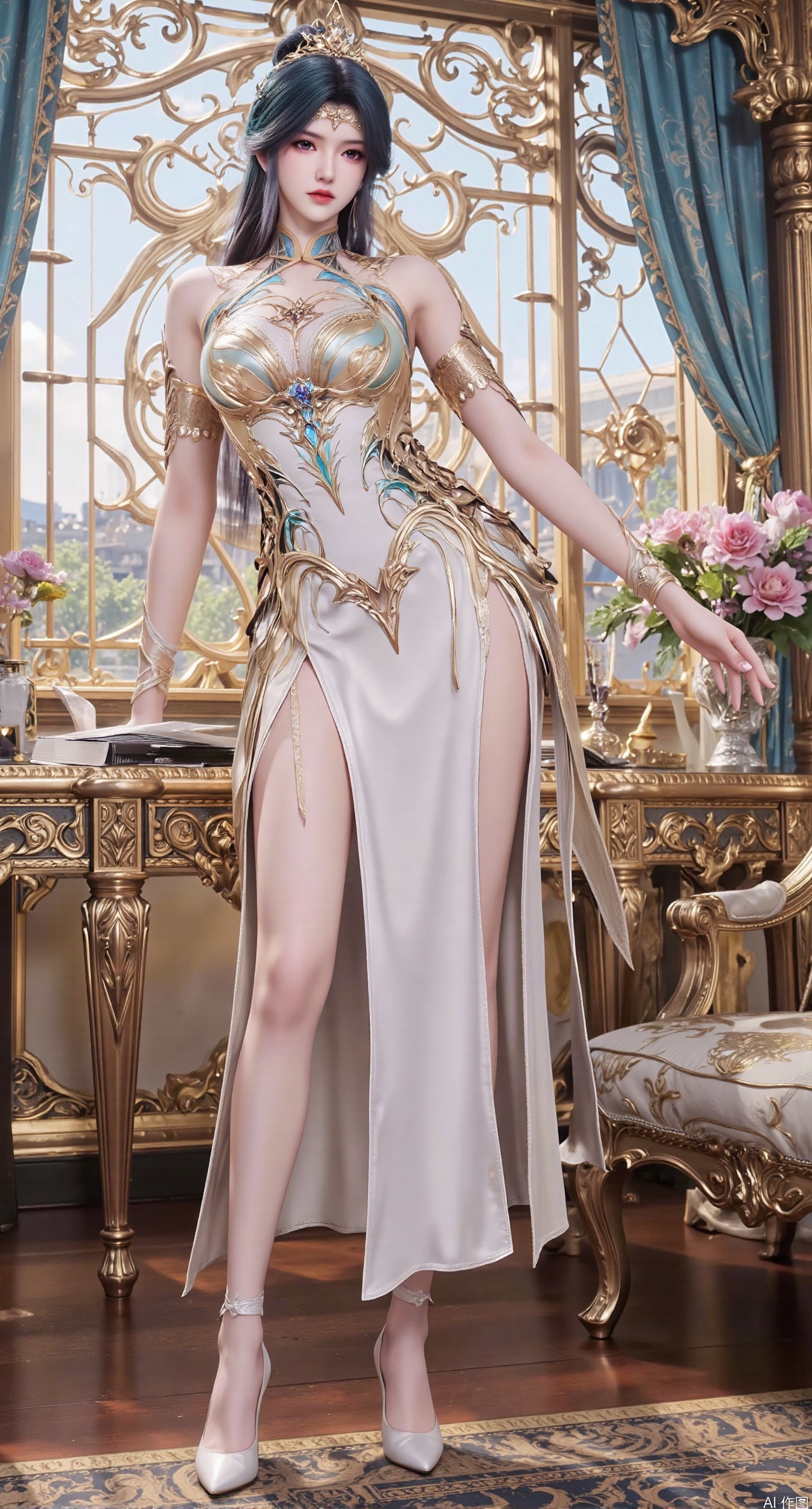 Ultra clear, wallpaper, 8k, masterpiece, 1girl, solo, long hair, breasts, looking at viewer, bangs, large breasts,long dress,, bare shoulders, jewelry, black hair, standing, purple eyes, full body, flower, thighs, indoors, hair bun, long dress, high heels, cup, see-through, book, bare legs, window, table, white footwear, standing on one leg, curtains, pink flower, side slit, vase, ,(huge breasts:2.99),(full breasts:2.99),phone screen,XanmiaoyiY,XhuolingerHHY,XwangqiuerKQW,Xxuenv