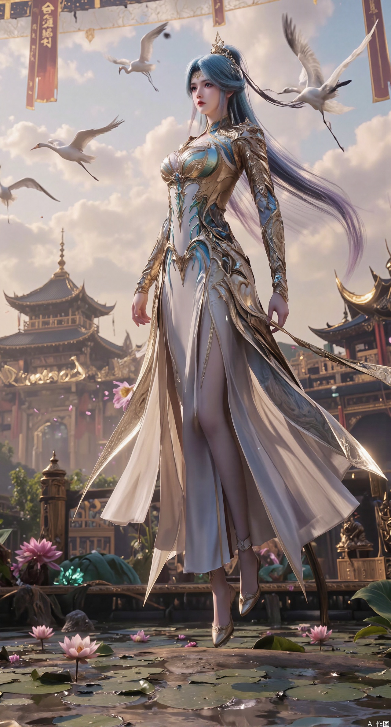 SFW,(masterpiece:1.2),best quality,1girl,solo,long hair,long dress,celestial maiden in flowing tulle gown levitates above lotus pond, ethereal mist trails from hair ribbons, mythical Penglai paradise emerges through clouds with glowing pavilions, translucent bioluminescent lotus blooms, flock of cranes gliding over water surface, ultra HD with soft 3D rendering, morning light filters through mist, falling petal rain, intricate details on scale-patterned fabric and lotus veins.(huge breasts:2.99),(full breasts:2.99),,,XanmiaoyiY,XhuolingerHHY,XwangqiuerKQW,Xxuenv