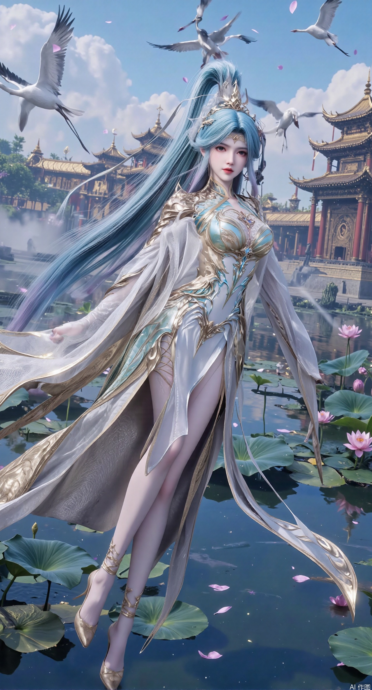 SFW,(masterpiece:1.2),best quality,1girl,solo,long hair,long dress,celestial maiden in flowing tulle gown levitates above lotus pond, ethereal mist trails from hair ribbons, mythical Penglai paradise emerges through clouds with glowing pavilions, translucent bioluminescent lotus blooms, flock of cranes gliding over water surface, ultra HD with soft 3D rendering, morning light filters through mist, falling petal rain, intricate details on scale-patterned fabric and lotus veins.(huge breasts:2.99),(full breasts:2.99),,,XanmiaoyiY,XhuolingerHHY,XwangqiuerKQW,Xxuenv