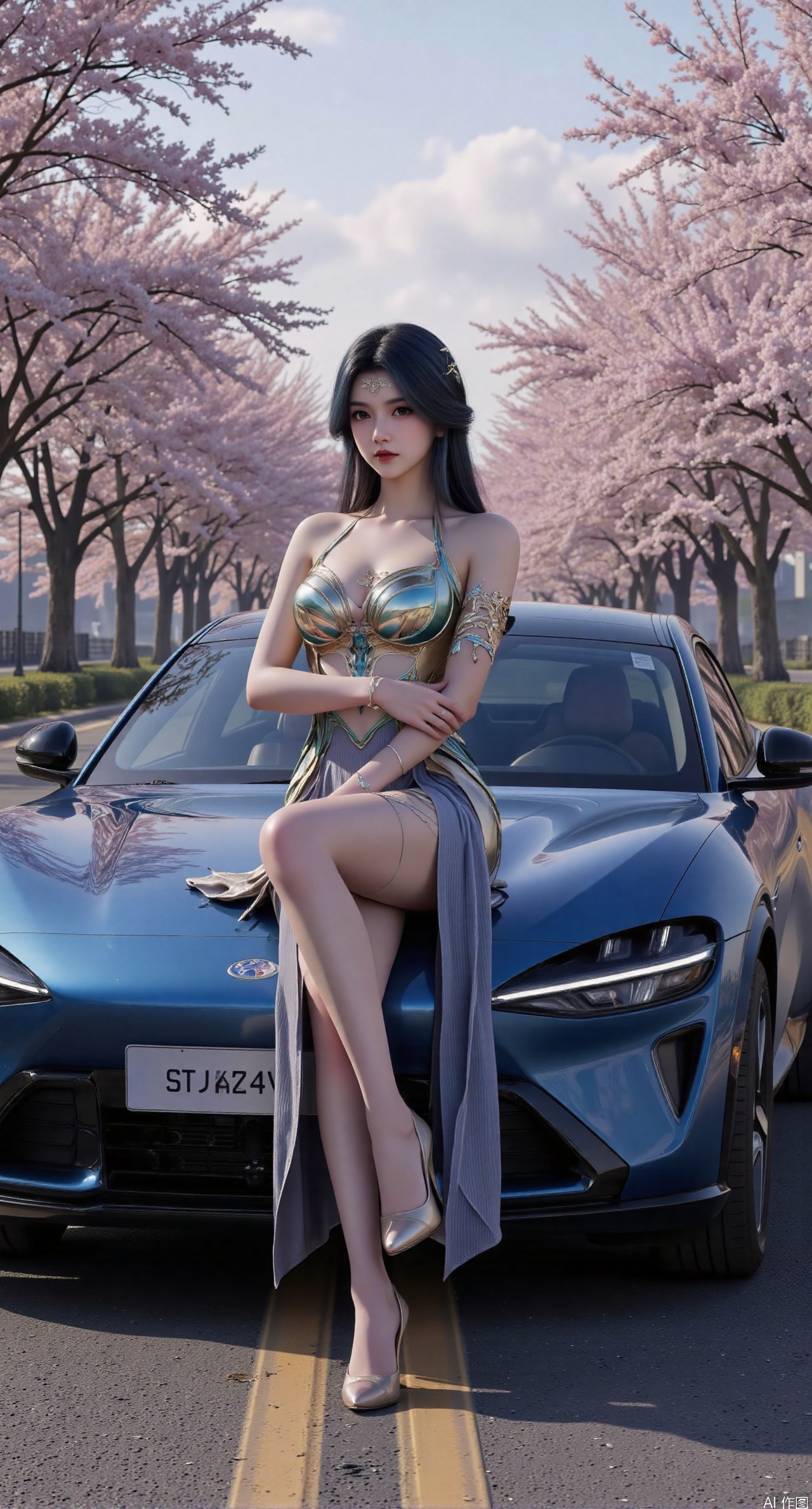  SFW,Best quality, masterpiece, 8k, 1 girl, sitting on the front headlights of a sports car, single, black hair, long dress, vehicle focus, crossed arms, brown eyes, armbands, long skirt, strapless dress, high heels, long hair,, full body, looking at the audience, chest, bare shoulders, blue sports car,Xyu7,.(huge breasts:2.99),(full breasts:2.99),(The road is lined with cherry blossoms, and the road is covered with cherry blossoms:1.29),XyueliuY,XchulingyuY,XliumeiY,XtianqiongY,Xaorun,XlishaoyinY,Xanmiaoyi,XhuolingerHHY,XwangqiuerKQW,Xxuenv
