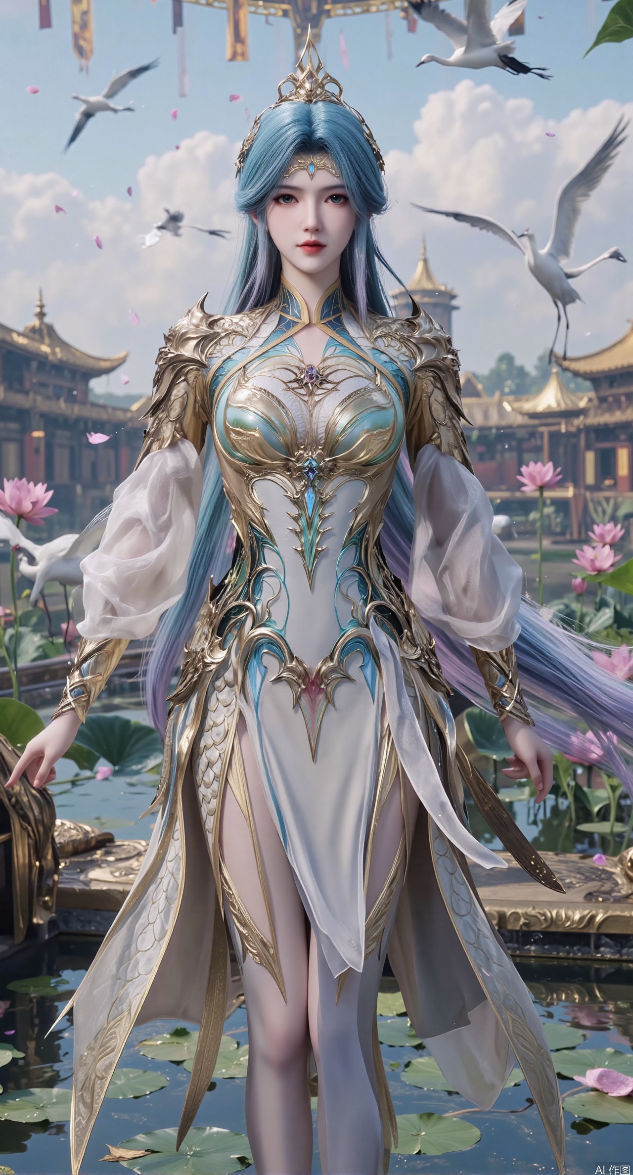 SFW,(masterpiece:1.2),best quality,1girl,solo,long hair,long dress,celestial maiden in flowing tulle gown levitates above lotus pond, ethereal mist trails from hair ribbons, mythical Penglai paradise emerges through clouds with glowing pavilions, translucent bioluminescent lotus blooms, flock of cranes gliding over water surface, ultra HD with soft 3D rendering, morning light filters through mist, falling petal rain, intricate details on scale-patterned fabric and lotus veins.(huge breasts:2.99),(full breasts:2.99),,,XanmiaoyiY,XhuolingerHHY,XwangqiuerKQW,Xxuenv