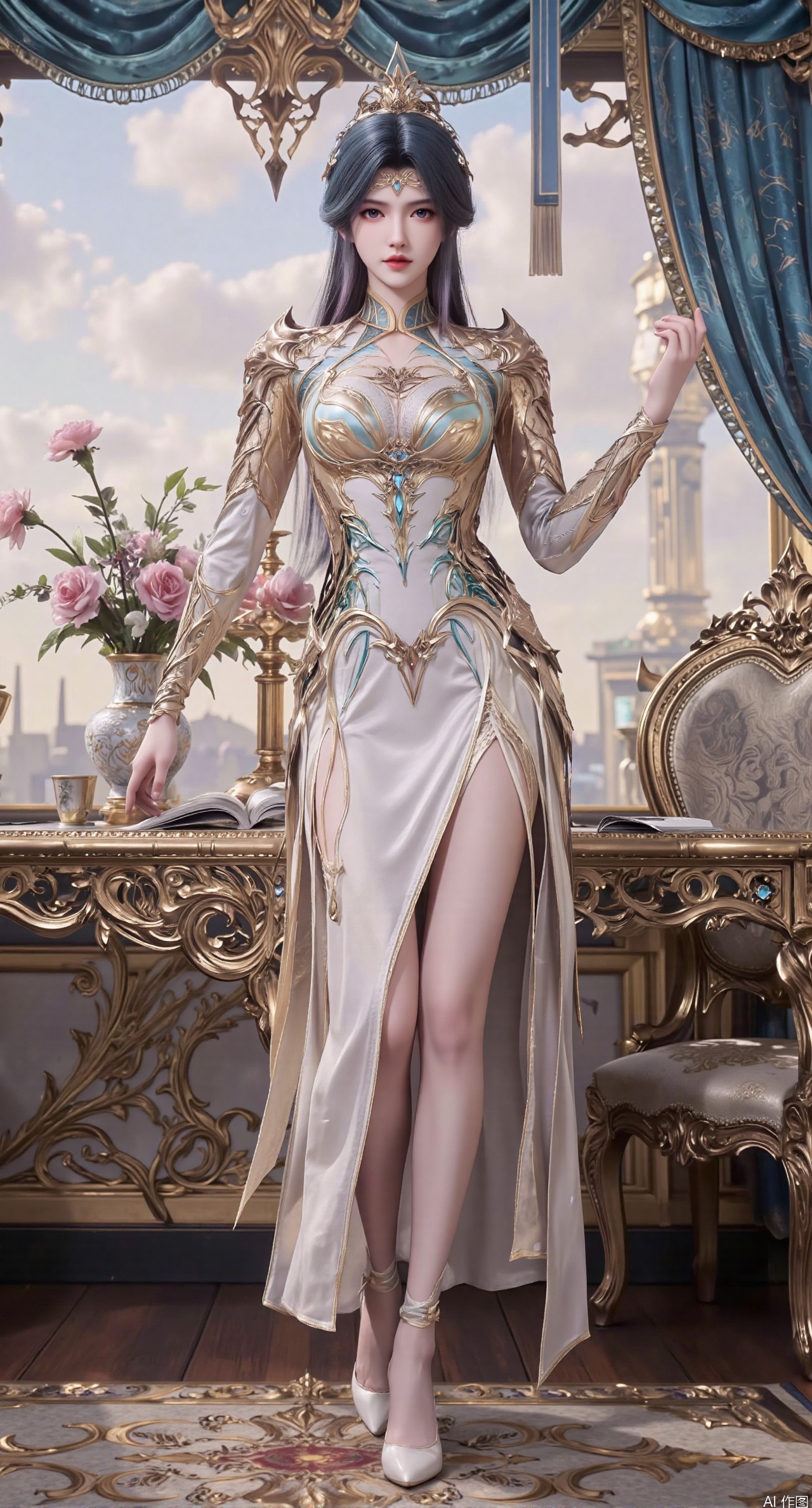 Ultra clear, wallpaper, 8k, masterpiece, 1girl, solo, long hair, breasts, looking at viewer, bangs, large breasts,long dress,, bare shoulders, jewelry, black hair, standing, purple eyes, full body, flower, thighs, indoors, hair bun, long dress, high heels, cup, see-through, book, bare legs, window, table, white footwear, standing on one leg, curtains, pink flower, side slit, vase, ,(huge breasts:2.99),(full breasts:2.99),phone screen,XanmiaoyiY,XhuolingerHHY,XwangqiuerKQW,Xxuenv