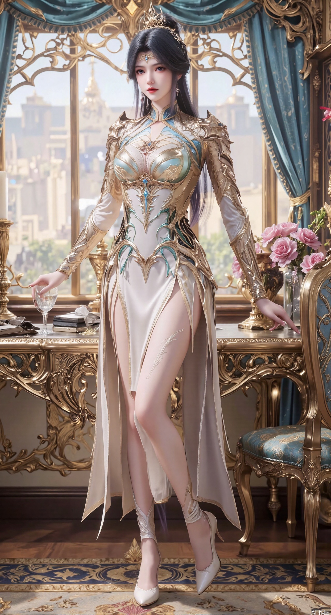 Ultra clear, wallpaper, 8k, masterpiece, 1girl, solo, long hair, breasts, looking at viewer, bangs, large breasts,long dress,, bare shoulders, jewelry, black hair, standing, purple eyes, full body, flower, thighs, indoors, hair bun, long dress, high heels, cup, see-through, book, bare legs, window, table, white footwear, standing on one leg, curtains, pink flower, side slit, vase, ,(huge breasts:2.99),(full breasts:2.99),phone screen,XanmiaoyiY,XhuolingerHHY,XwangqiuerKQW,Xxuenv