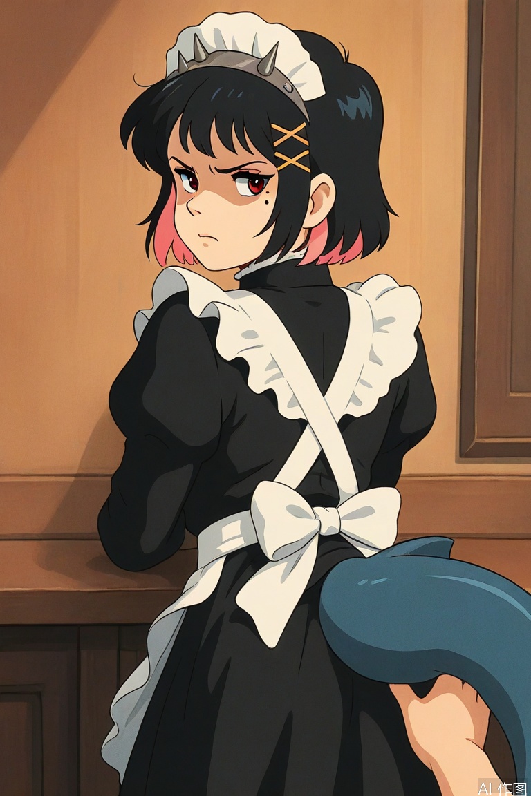 Studio Ghibli style,retro art style,
1girl, ellen joe, masterpiece, x hair ornament, spikes, two-tone hair, looking back, maid headdress, apron, metal hairband, black dress, maid apron, red eyes, colored inner hair, black hair, hairclip, short hair, pink hair, multicolored hair, mole under eye, spiked hairband, disgust, shark tail, shaded face, from behind, pov, touch tail,
