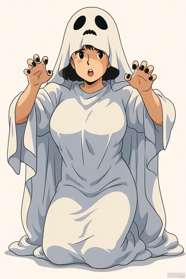 Studio Ghibli style,retro art style,
sheet ghost,solo,ghost costume,1girl,white background,claw_pose,big breasts,black nails,kneeling,
