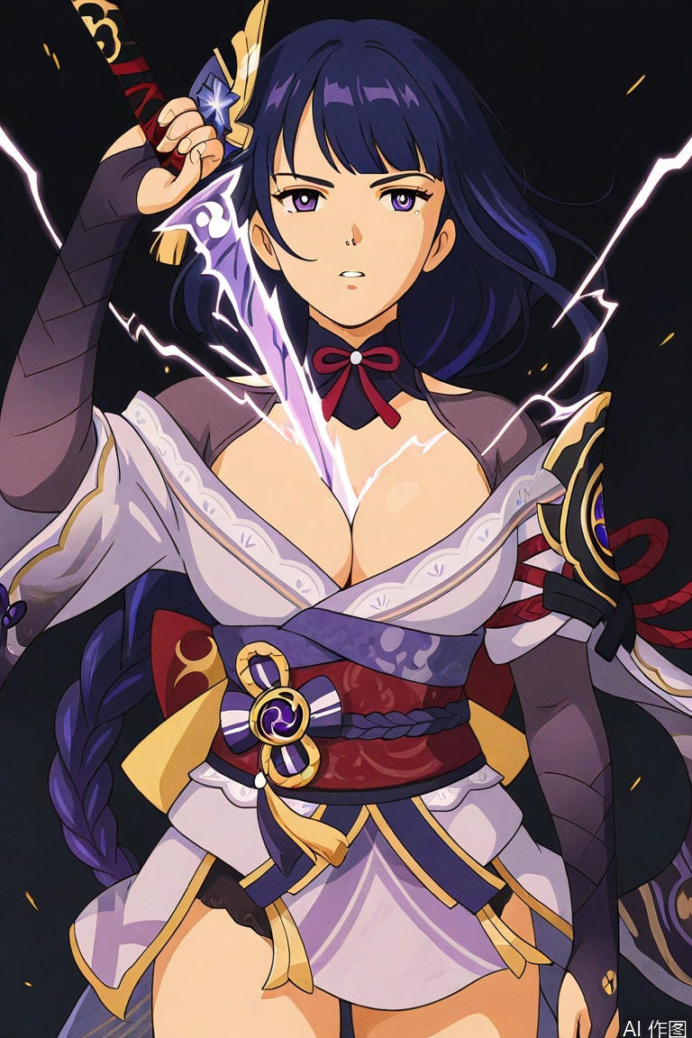 Studio Ghibli style,retro art style,
cowboy shot, 1girl, raiden shogun, holding sword,between breasts, head tilt, serious, hand up, looking at viewer, parted lips, wind, dark background, electricity, sparks,