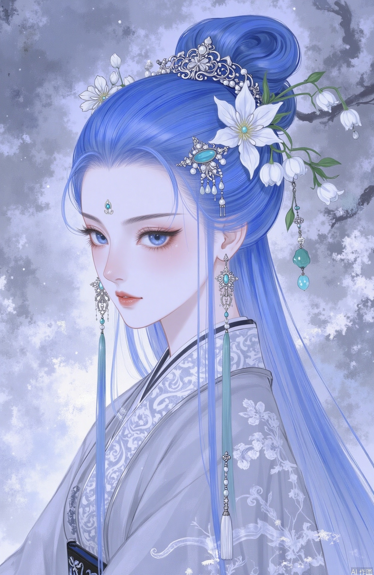 1girl, solo, long hair, looking at viewer, blue eyes, hair ornament, jewelry, blue hair, upper body, flower, earrings, hair flower, from side, facial mark, expressionless, chinese clothes, forehead mark